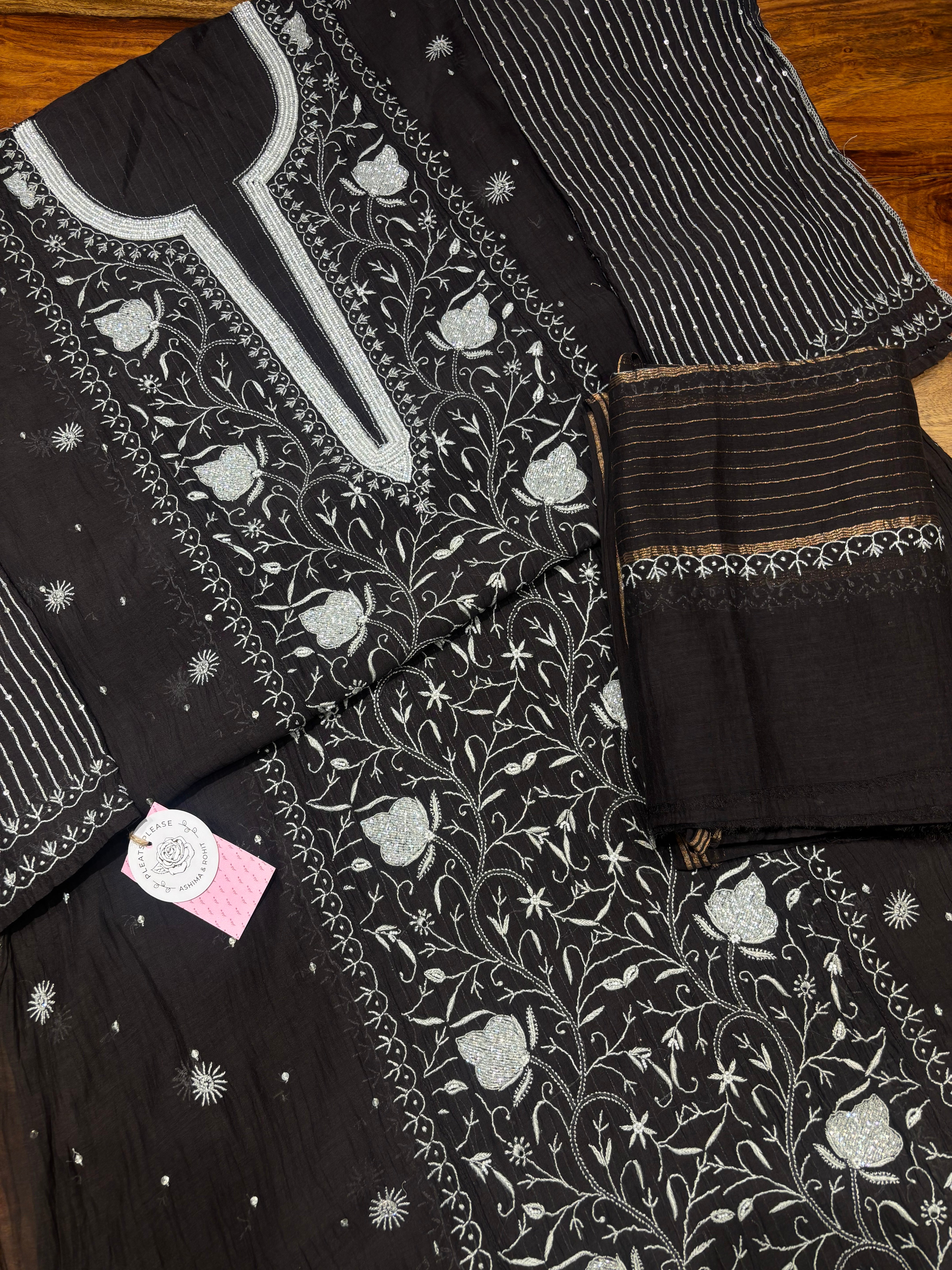 Black Chanderi Mul Chikankari Kurta & Dupatta Set