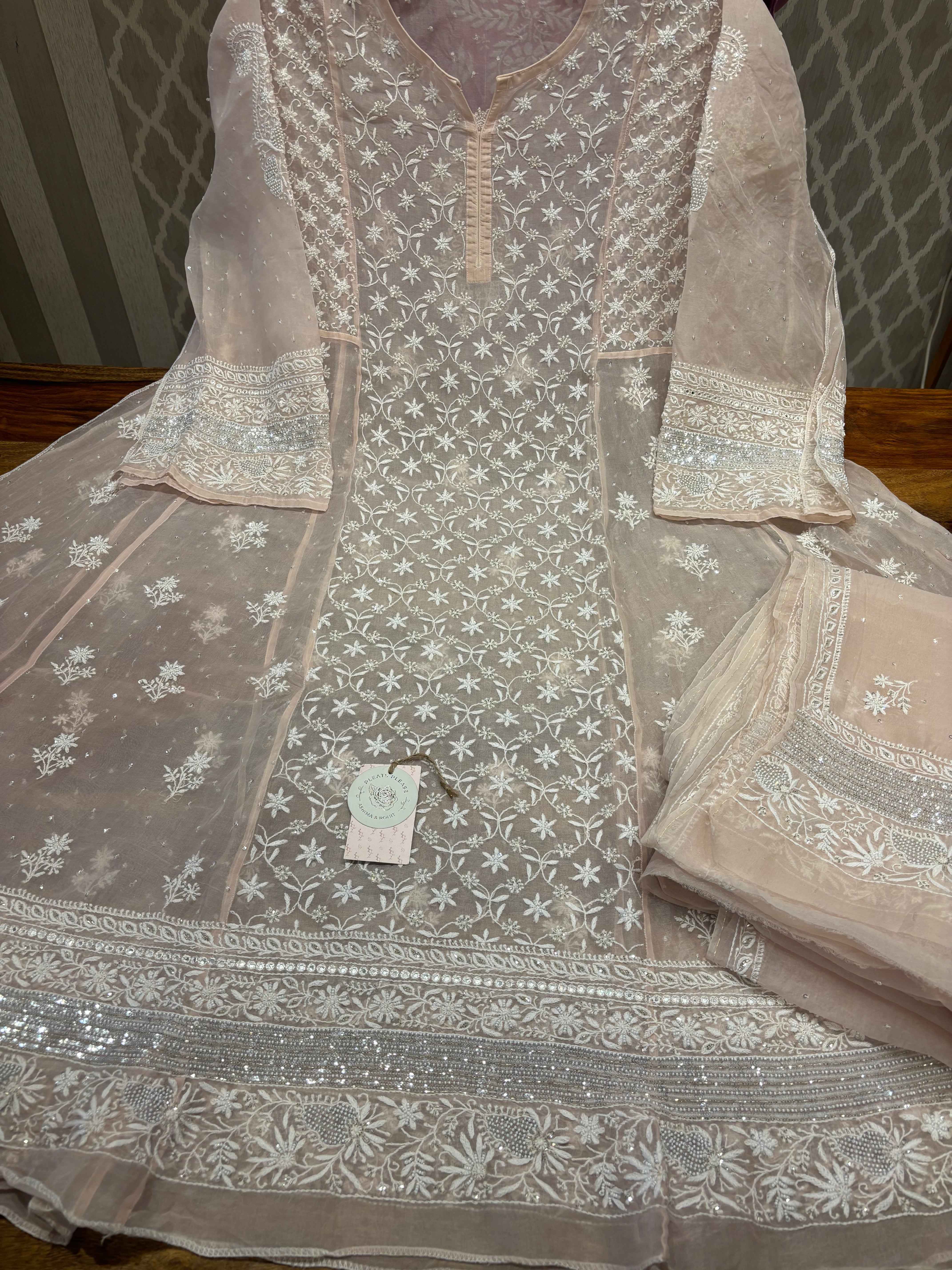 Peach Dust Pure And Premium Organza Anarkali And Dupatta Set - Pleats PleaseChikankari