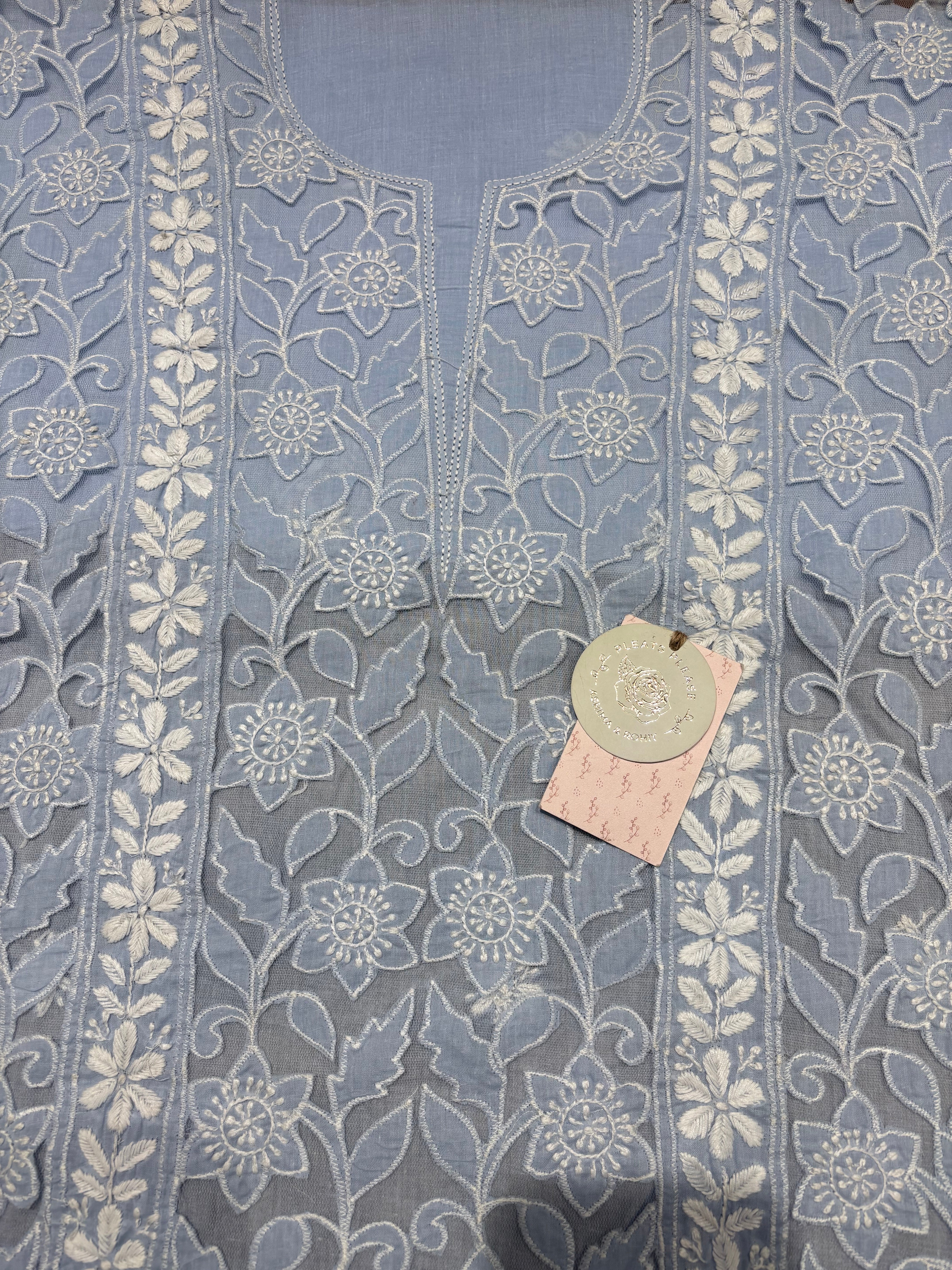 Powder Blue Mulmul Soft Net Chikankari Applique Kurta And Dupatta Fabric