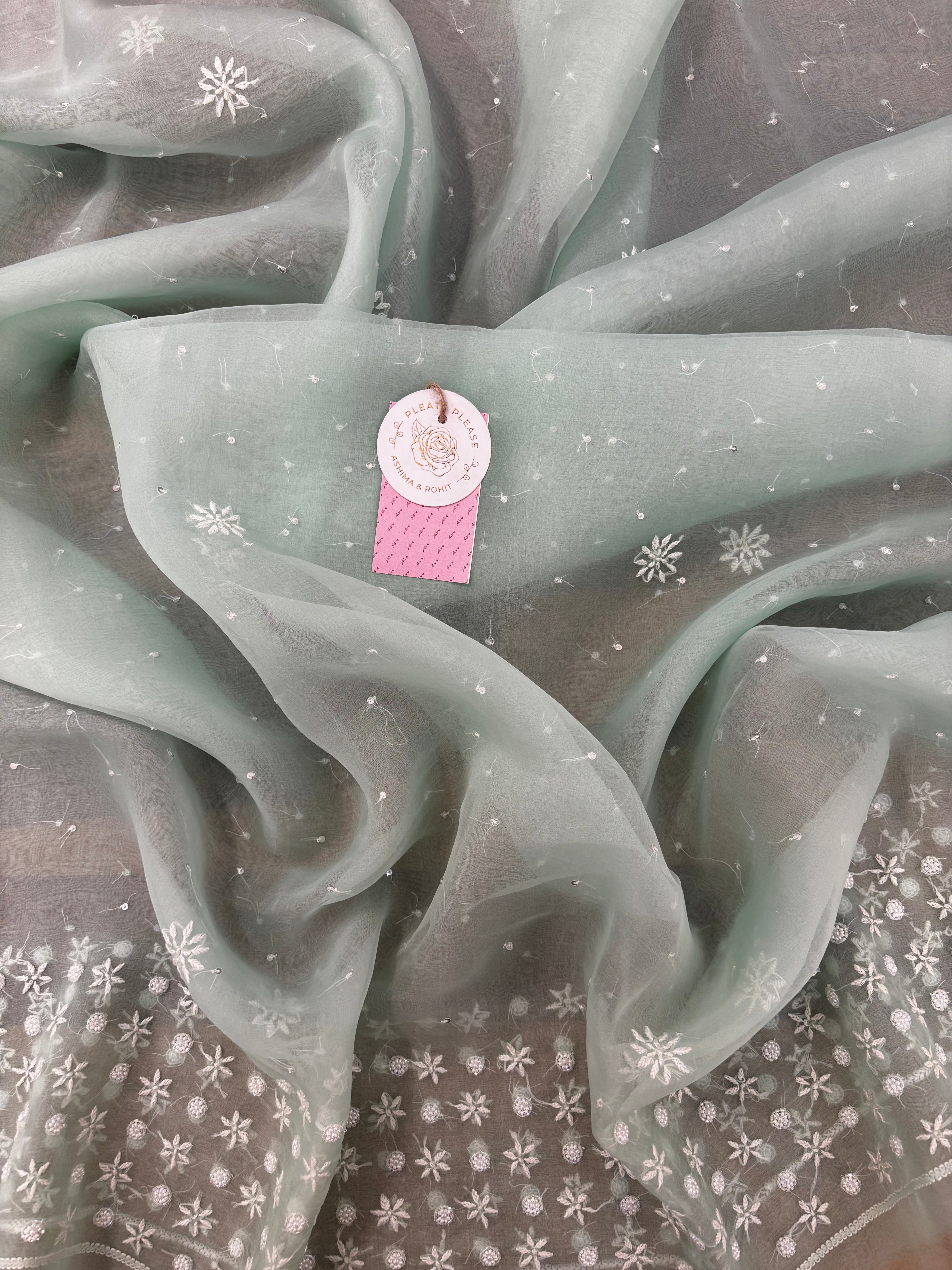 Mint Green Pure Organza Chikankari Kurta & Dupatta - Pleats PleaseChikankari