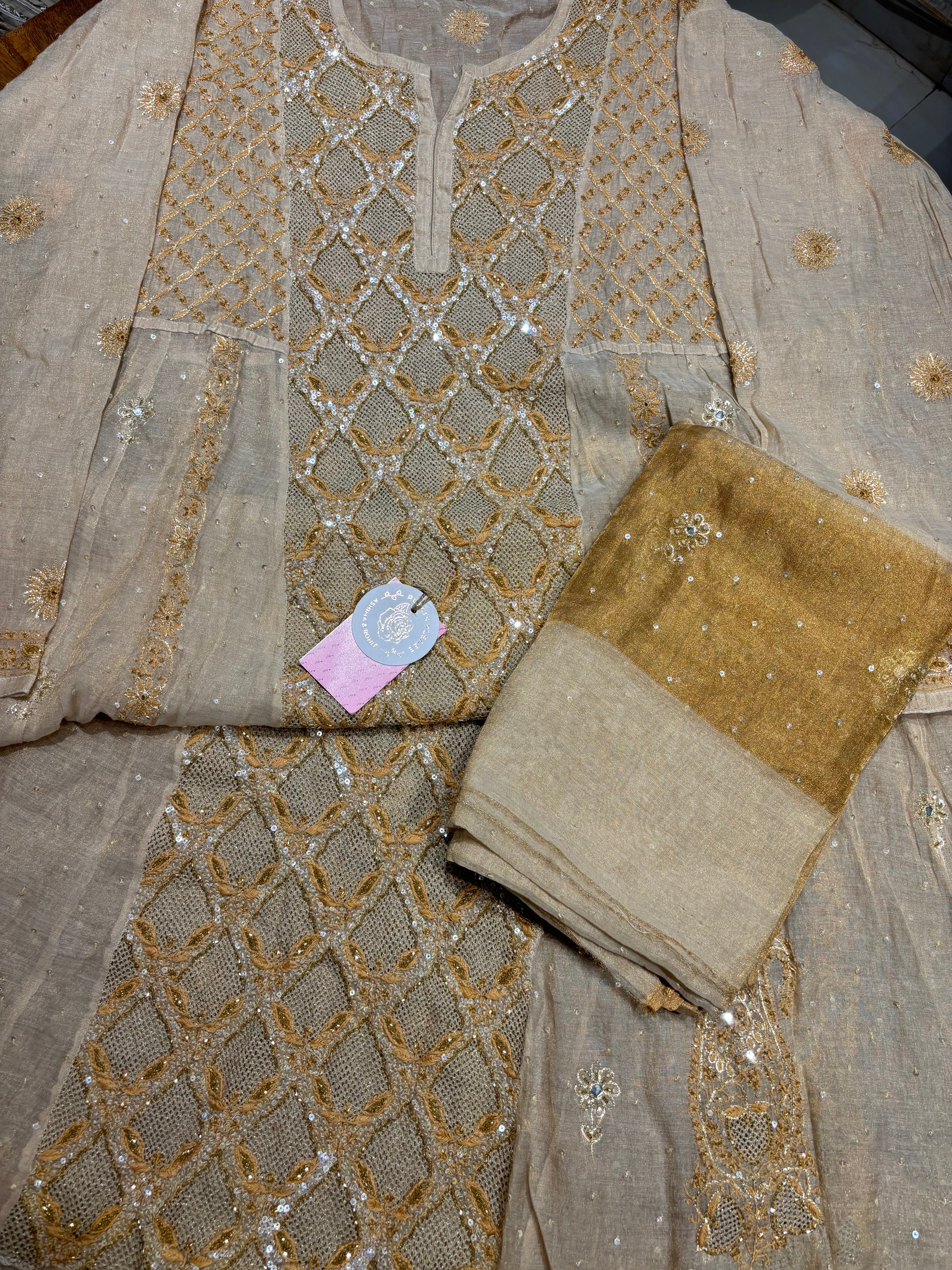 Dyeable Pure & Premium Tissue Chikankari Jaali Anarkali & Dupatta Set