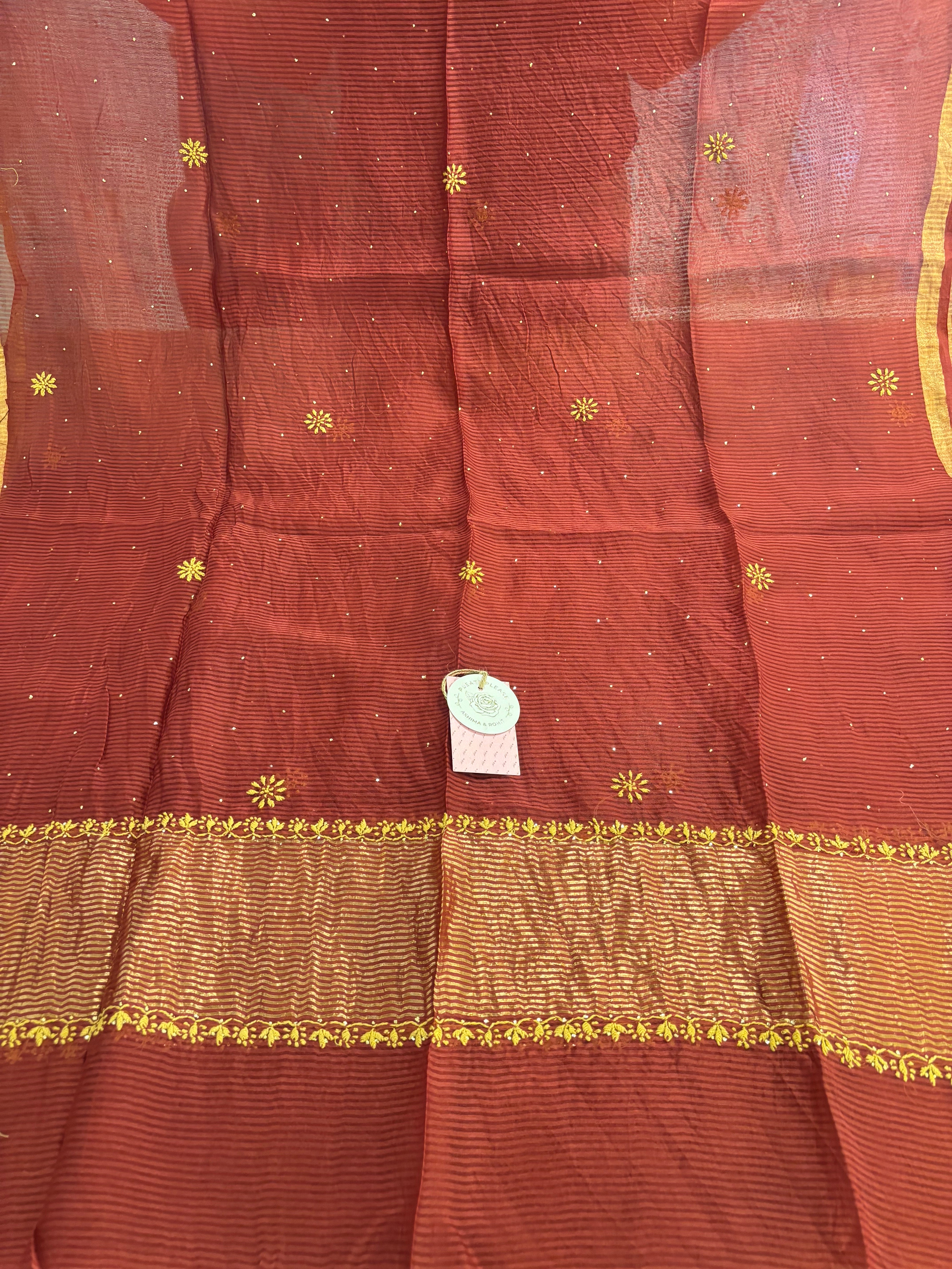 Maroon Chanderi Silk A-line Chikankari Mukaish Kurta & Dupatta Set