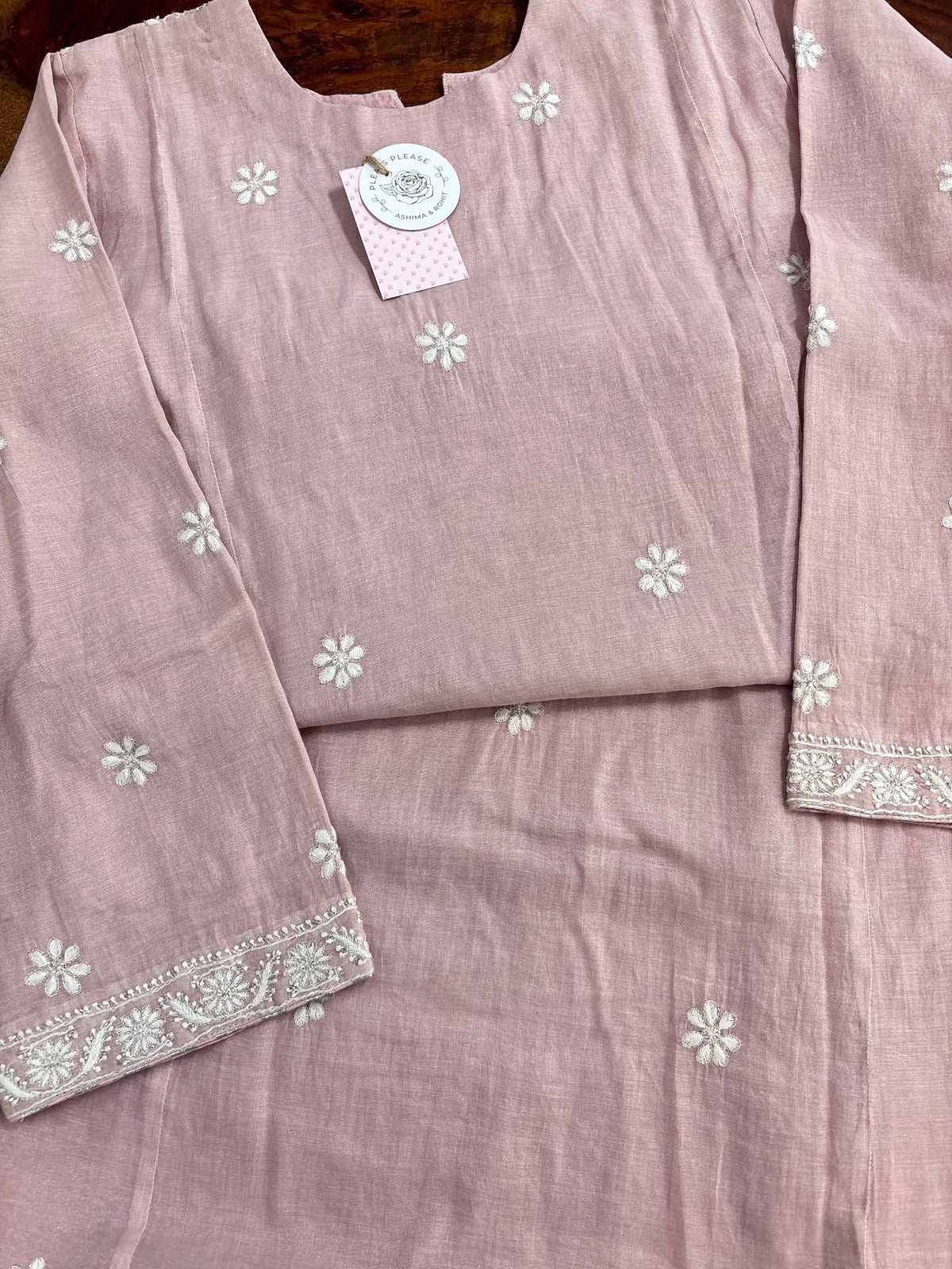 Pink Pure Tissue Chikankari Kurta, Dupatta With Bottom