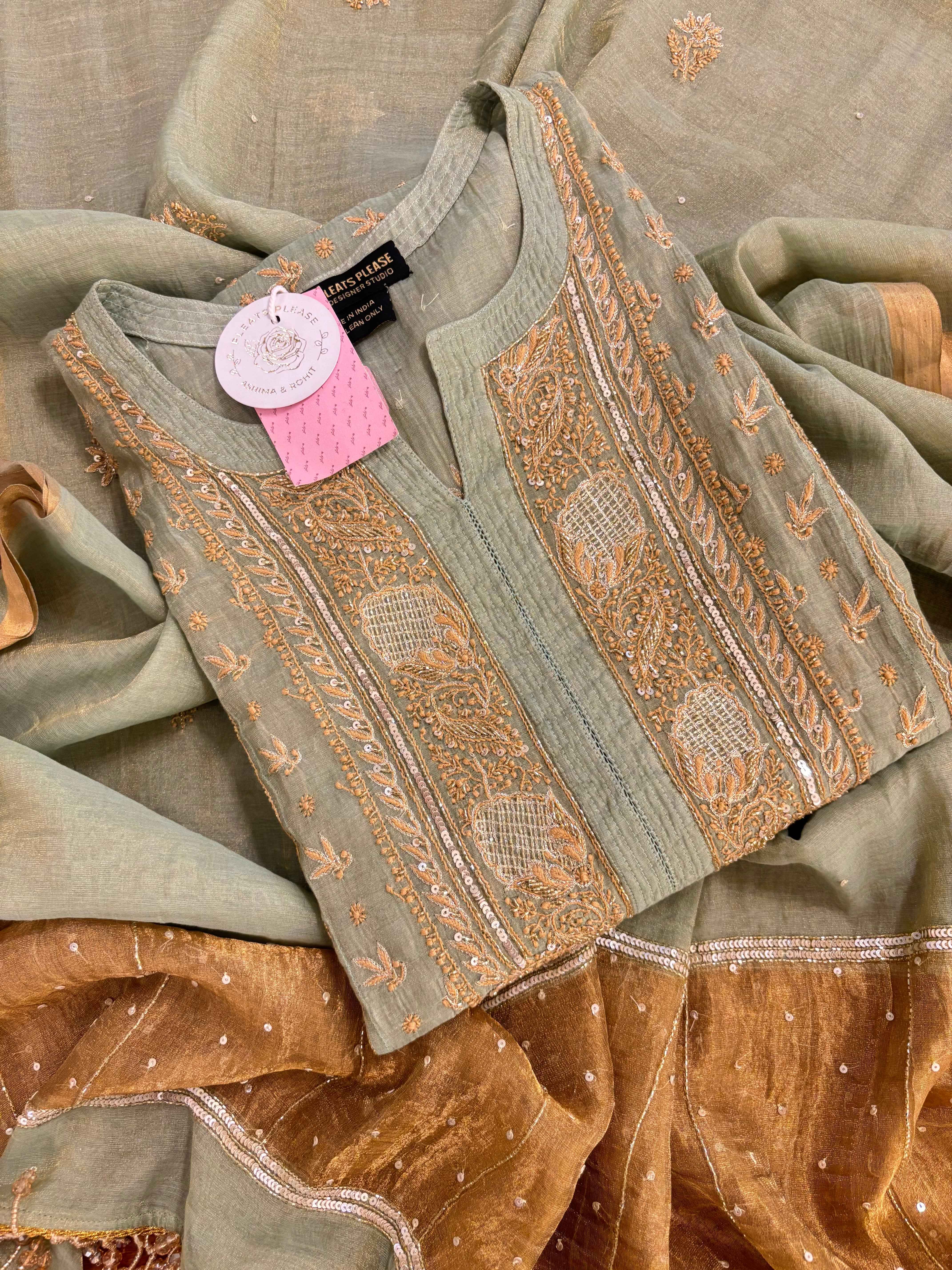 Pistachio Green Pure & Premium Tissue Chikankari Kurta & Dupatta