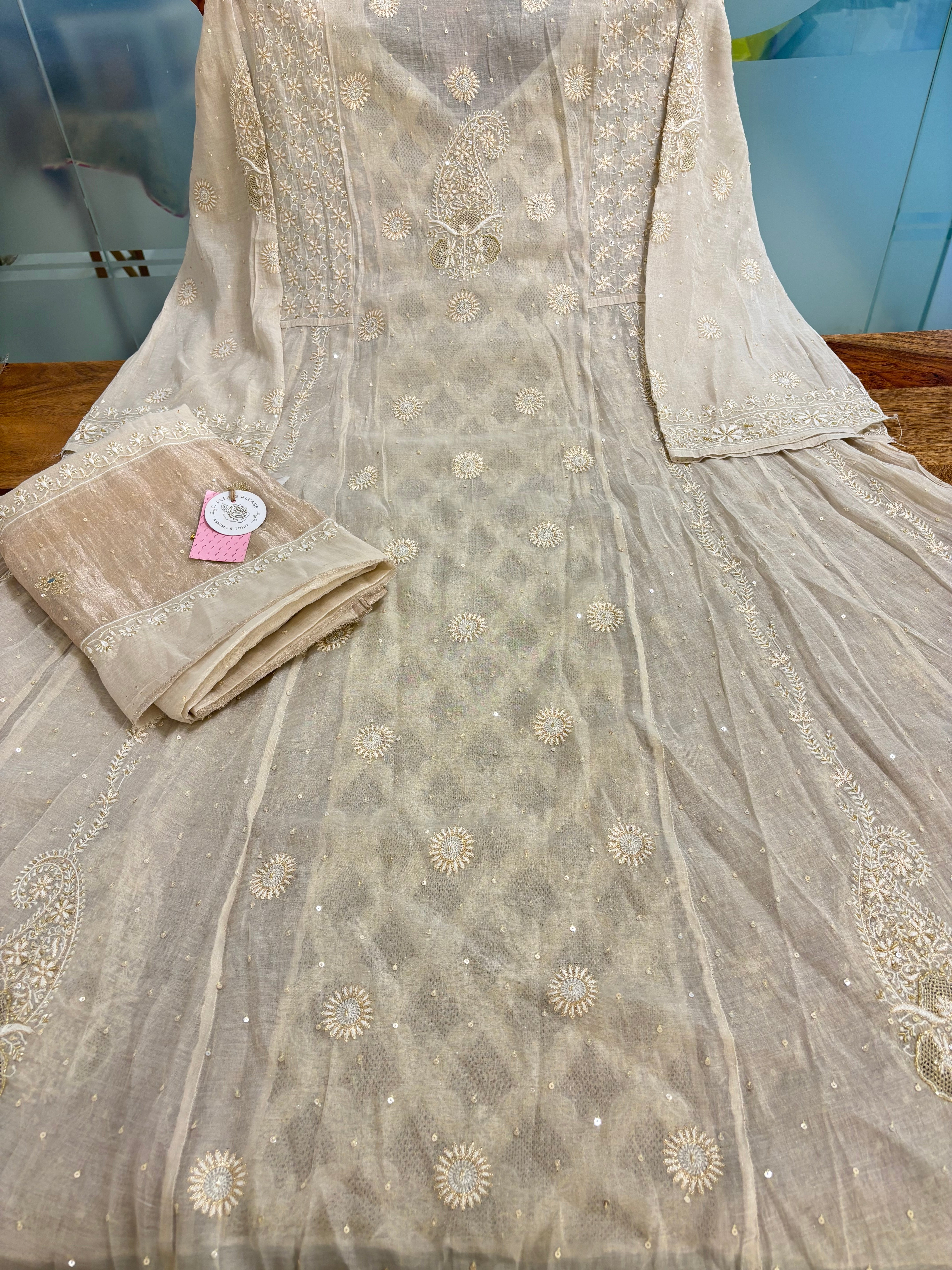 Dyeable Pure & Premium Silver Tissue Chikankari Anarkali & Dupatta
