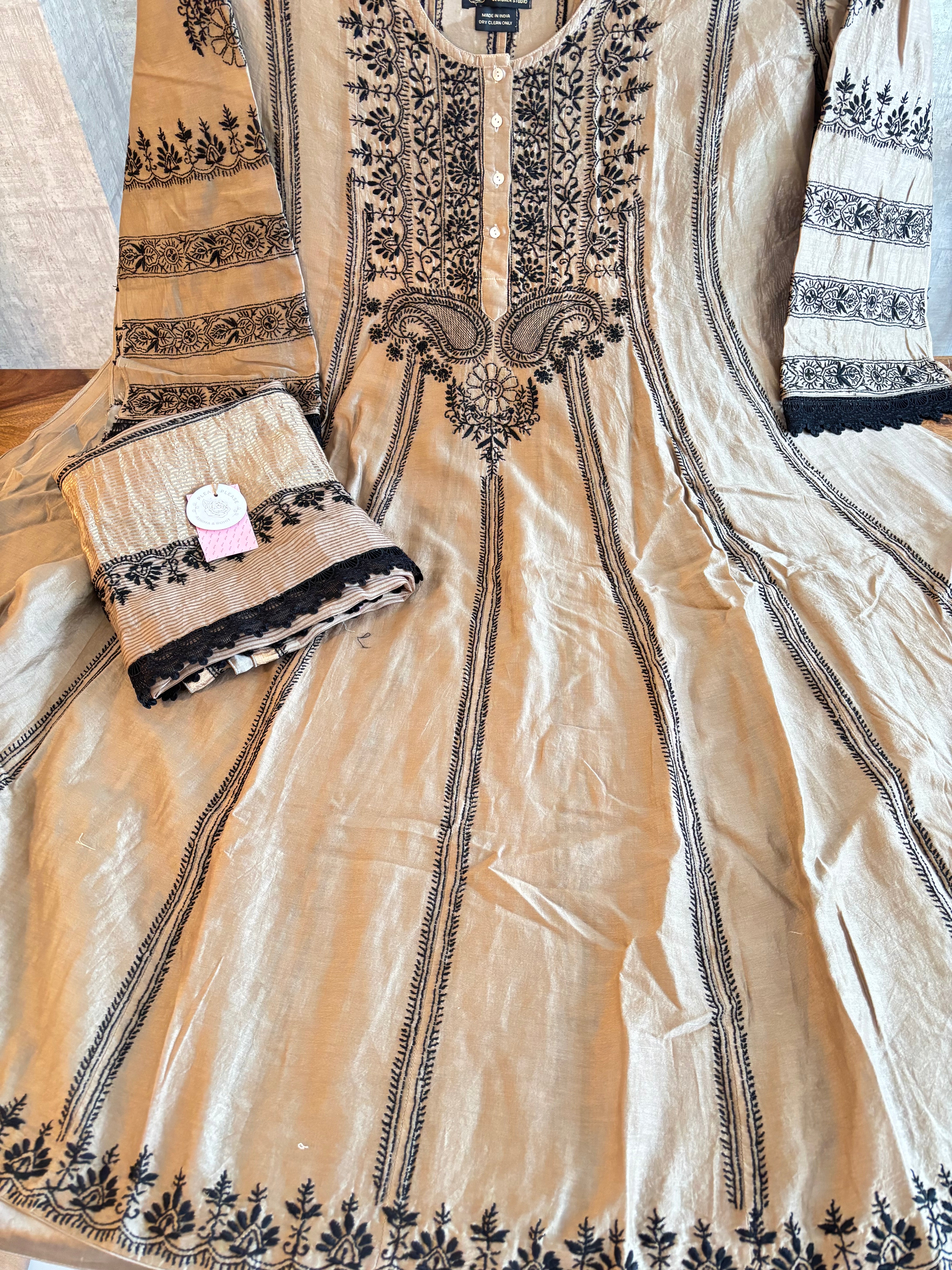 Brown Chanderi Chikankari Anarkali & Dupatta