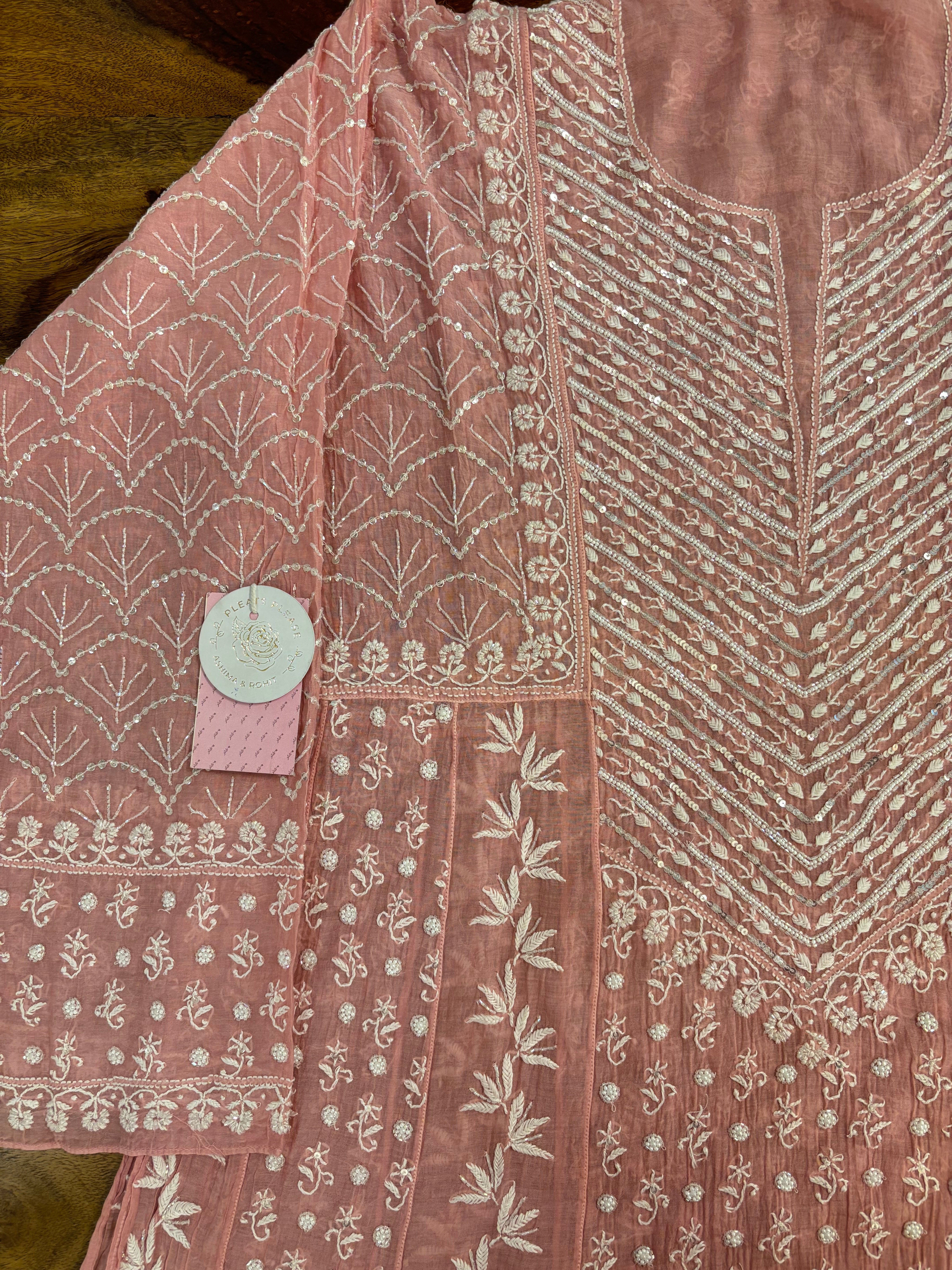 Coral Peach Chanderi Mul Chikankari Anarkali & Dupatta Set