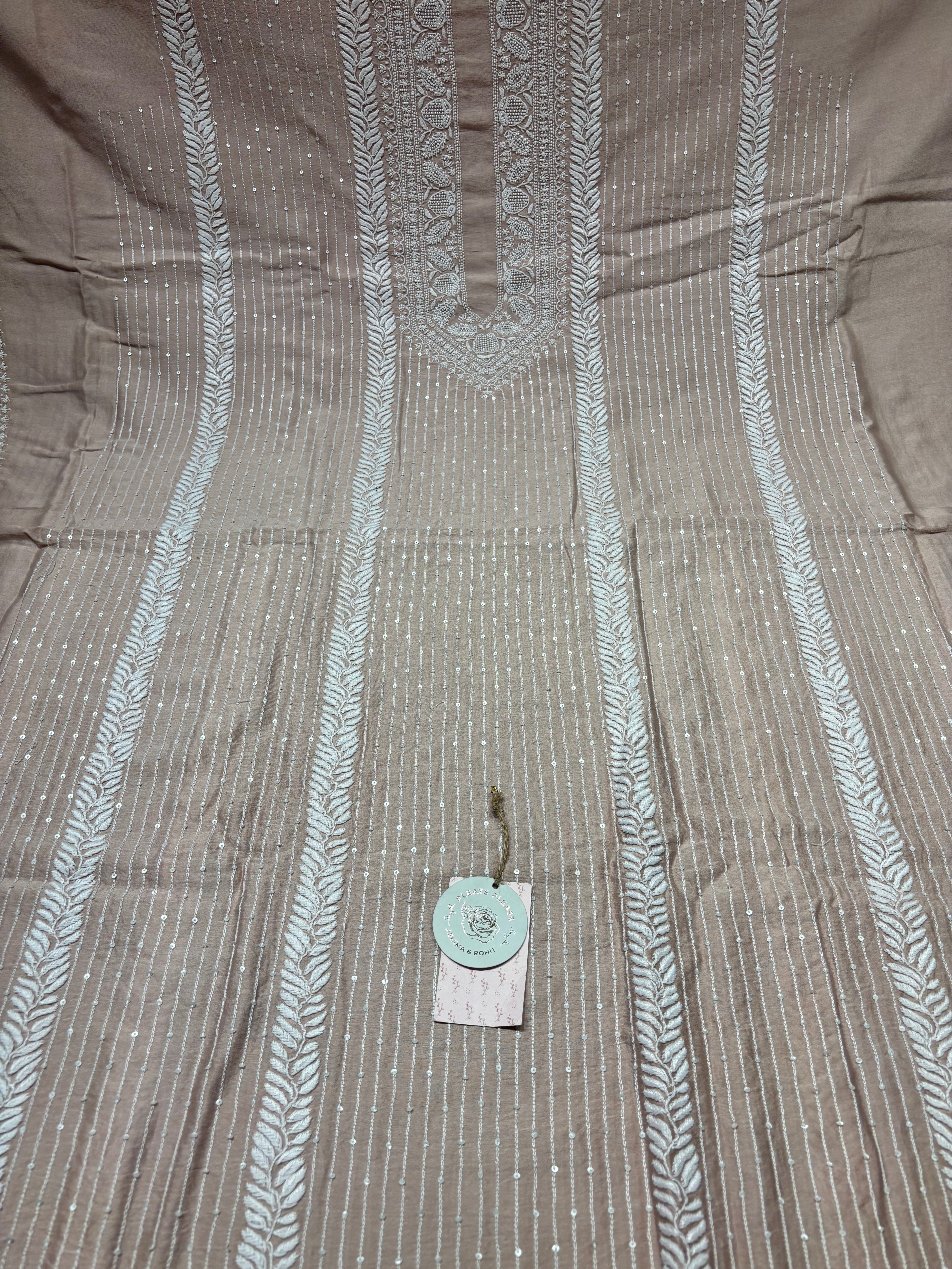 Rose Gold Chanderi Silk Chikankari Men’s Kurta Fabric
