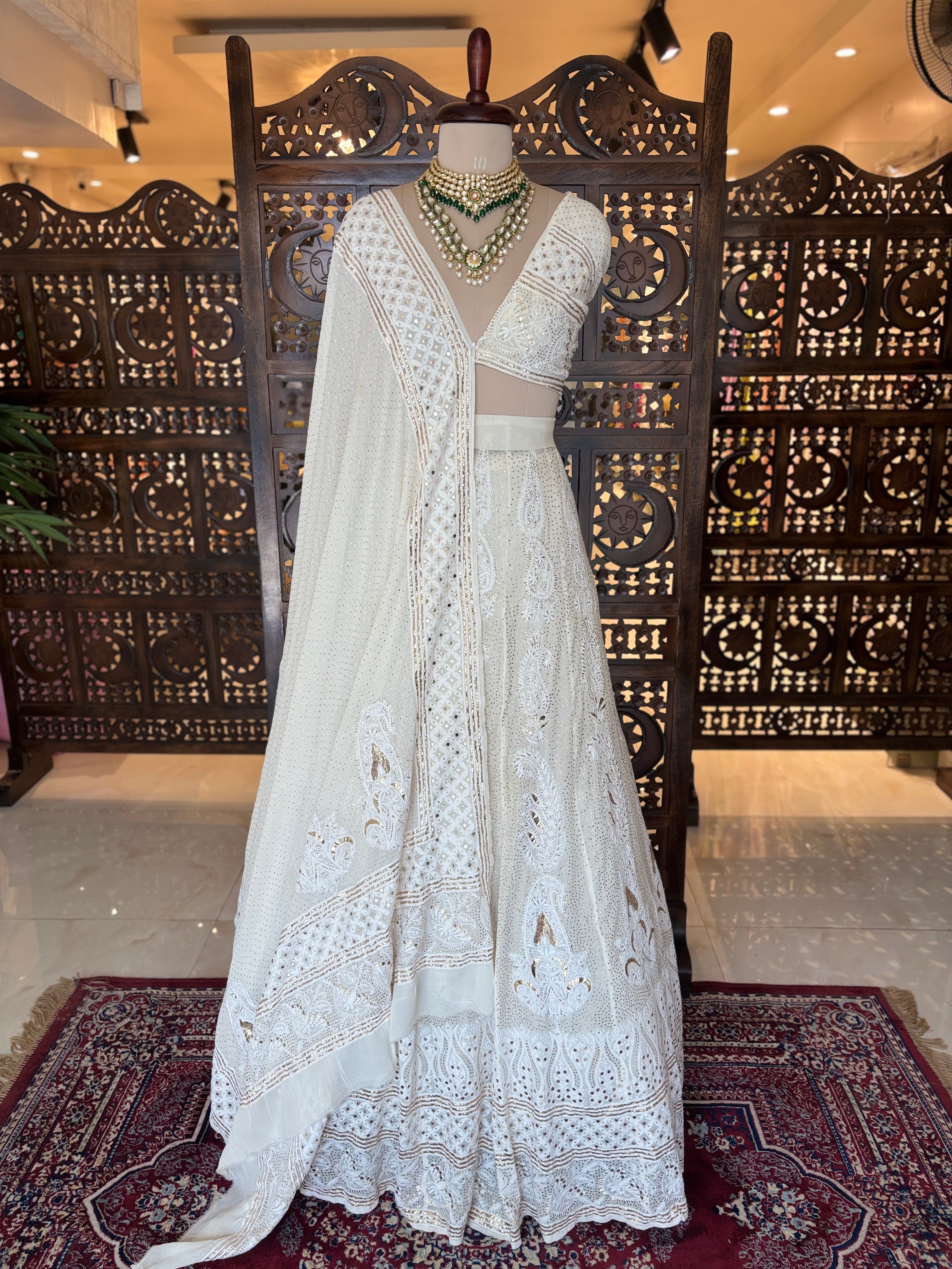 White Dyeable Pure & Premium Georgette Mukaish Chikankari Lehenga