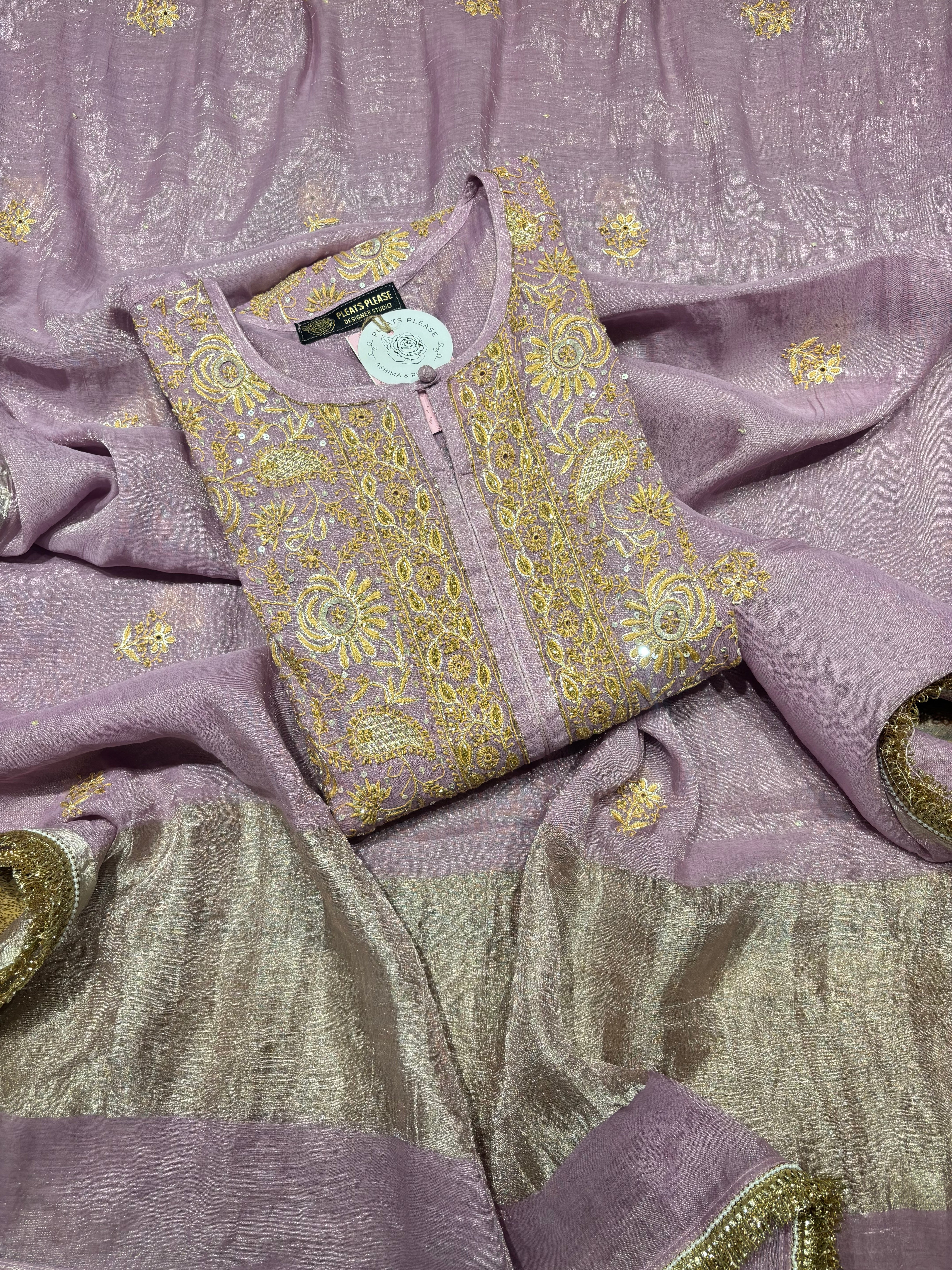 Lavender Pure & Premium Tissue Chikankari Kurta & Dupatta Set