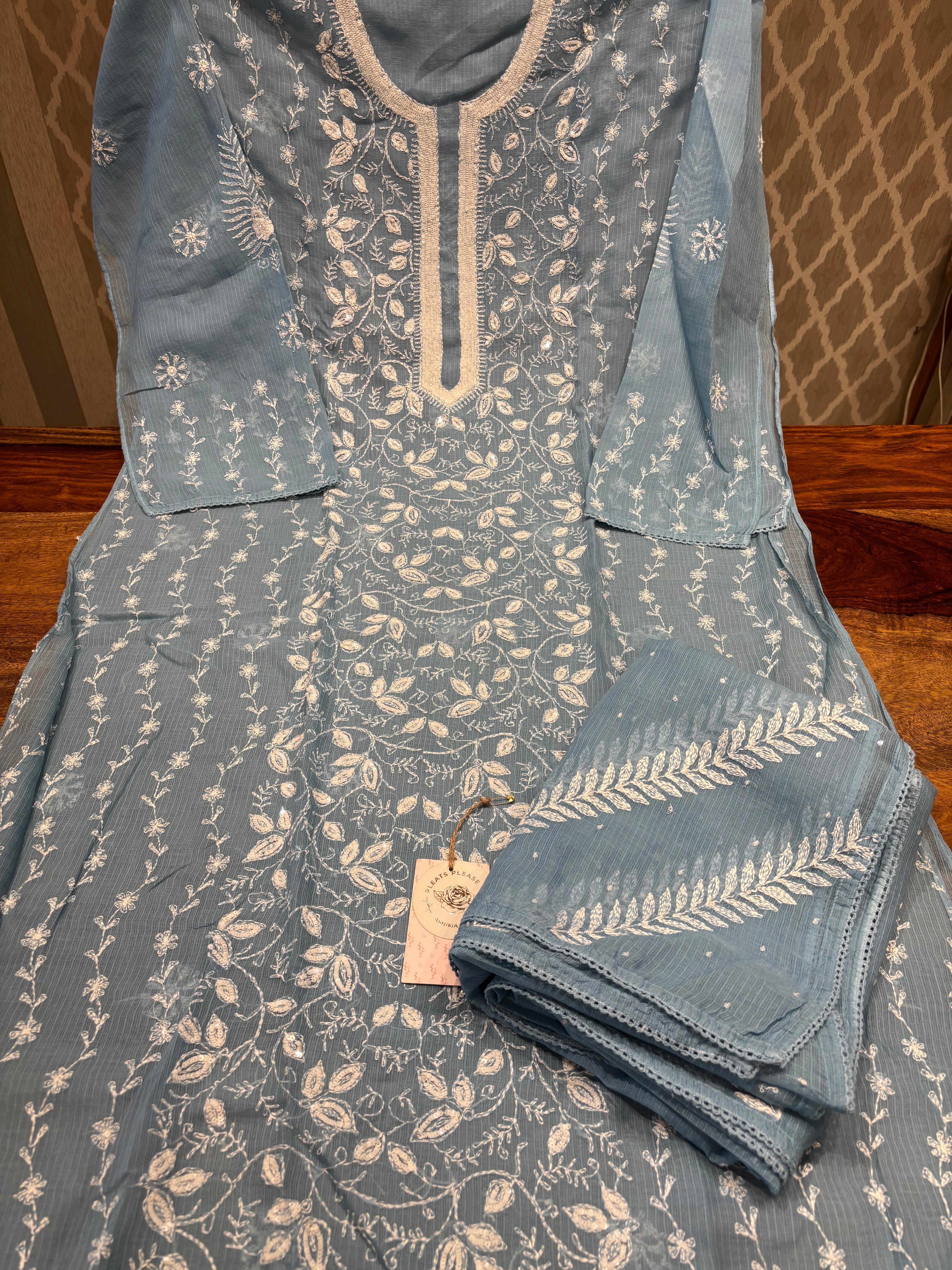 Blue Kota Doria Chikankari Kurta And Dupatta Set