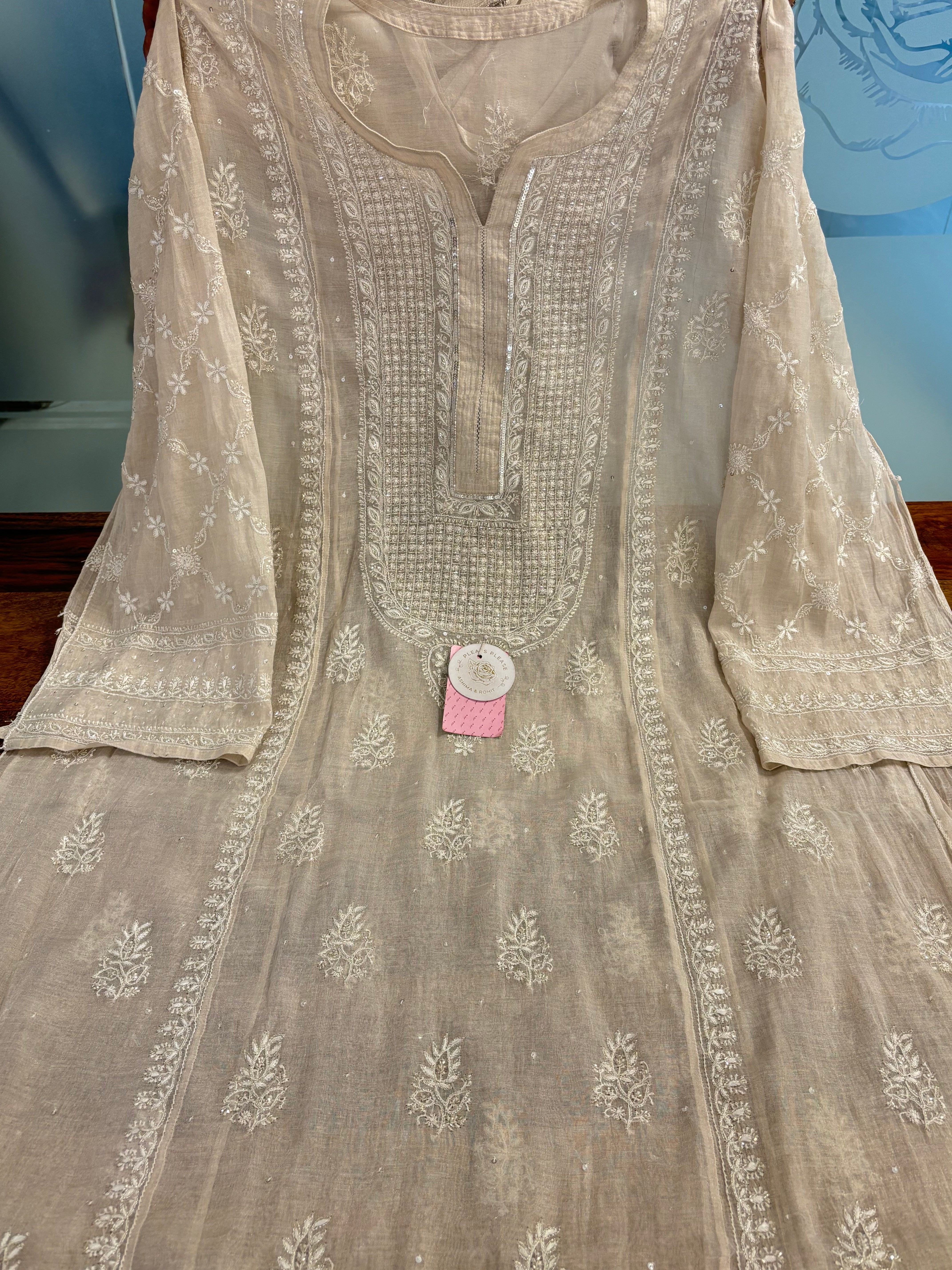 Dyeable Pure Tissue A-line Chikankari Kurta & Dupatta