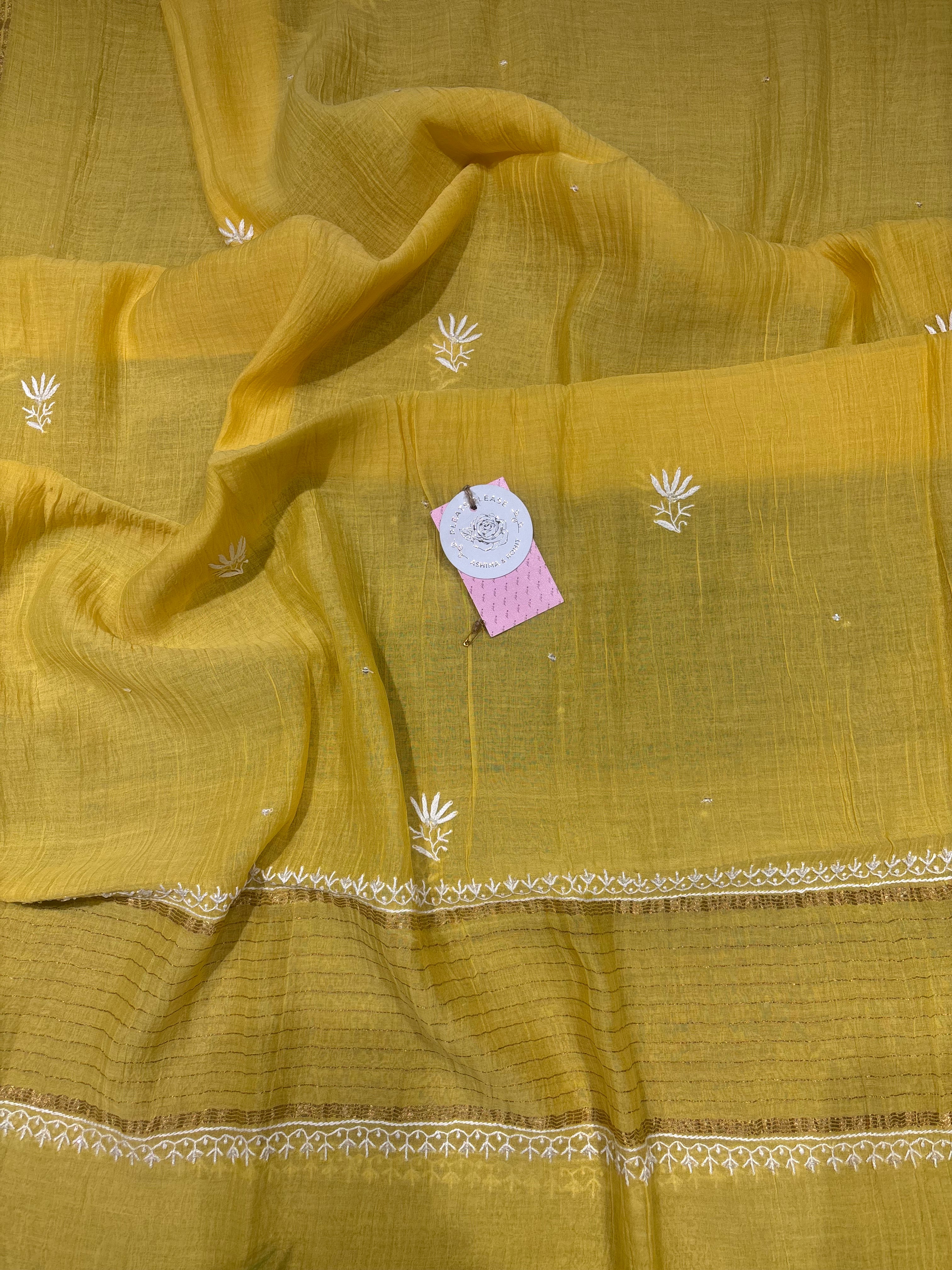 Yellow Chanderi Mul Chikankari Kurta & Dupatta Set