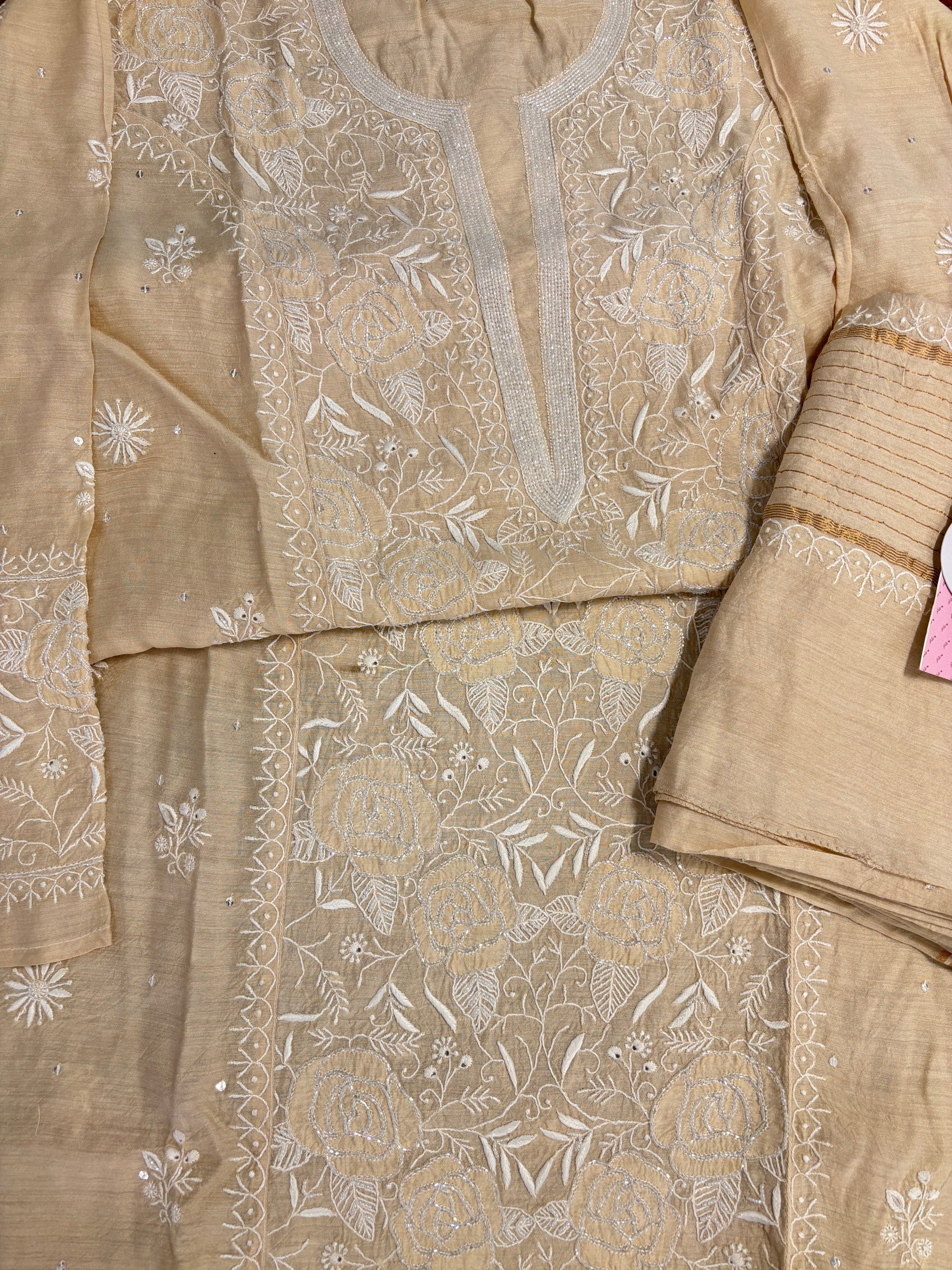 Dyeable Monga Silk Chikankari Kurta & Dupatta - Pleats PleaseChikankari