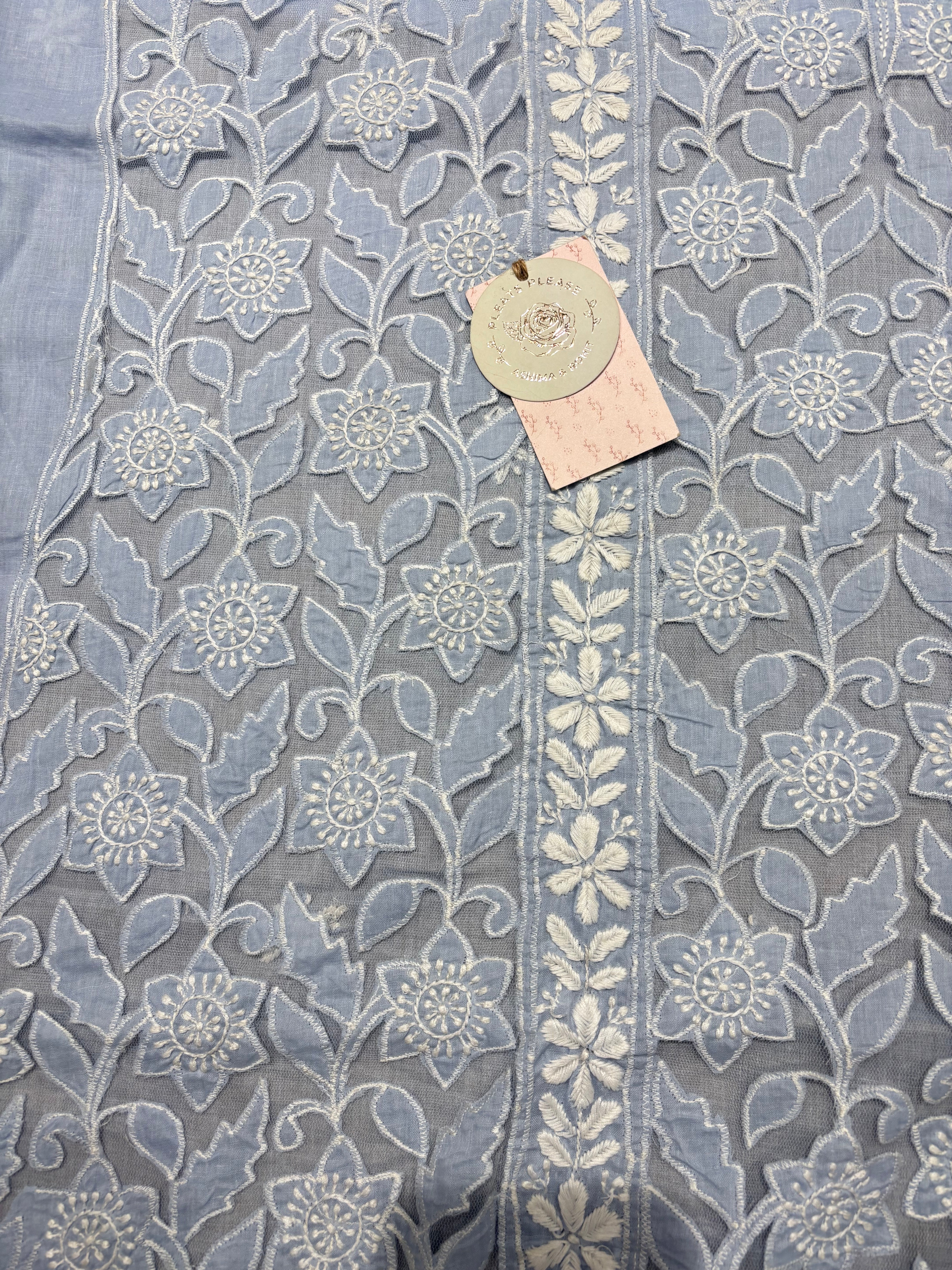 Powder Blue Mulmul Soft Net Chikankari Applique Kurta And Dupatta Fabric