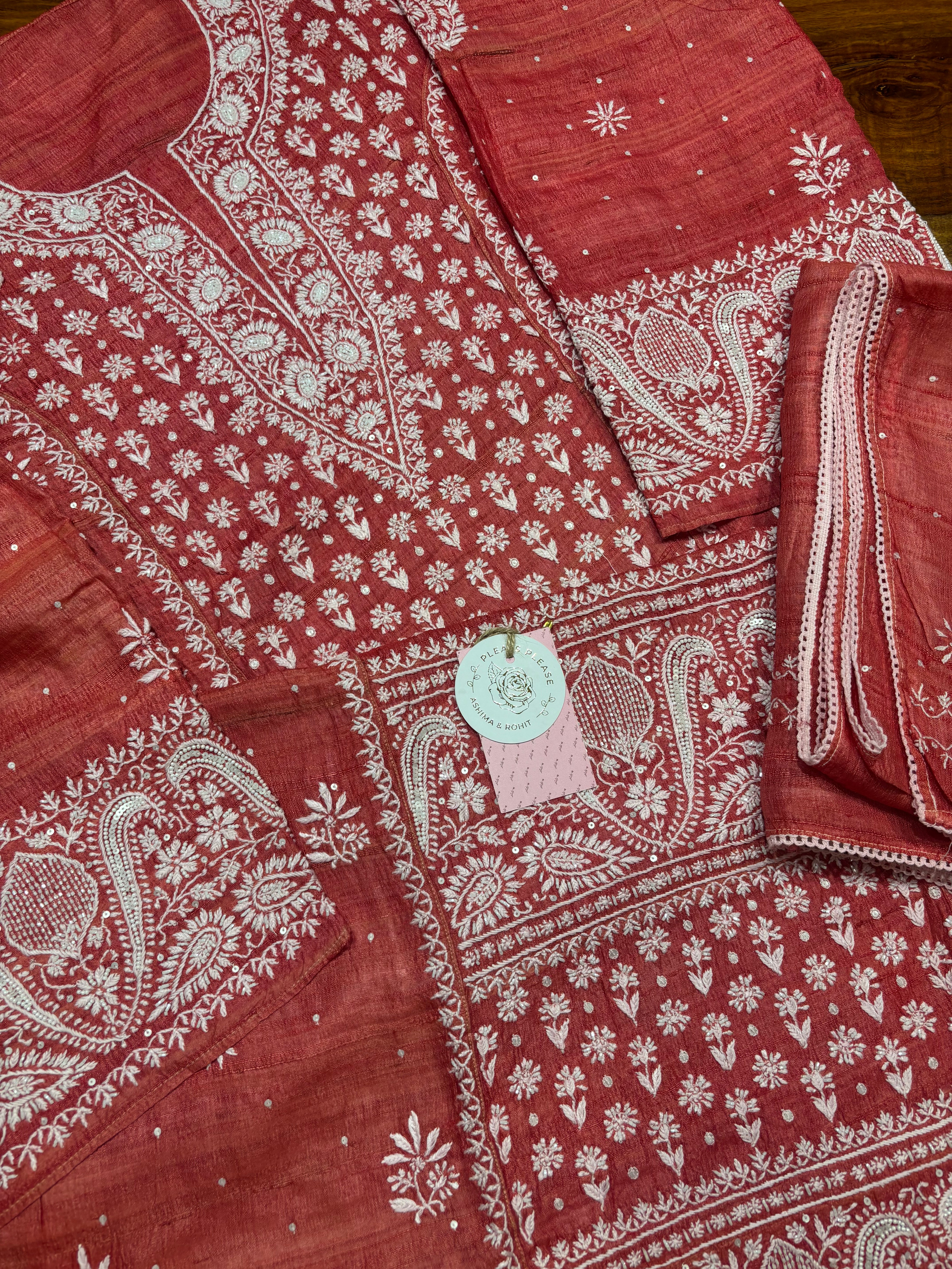 Red Pure & Premium Tussar Silk Chikankari Kurta & Dupatta Set