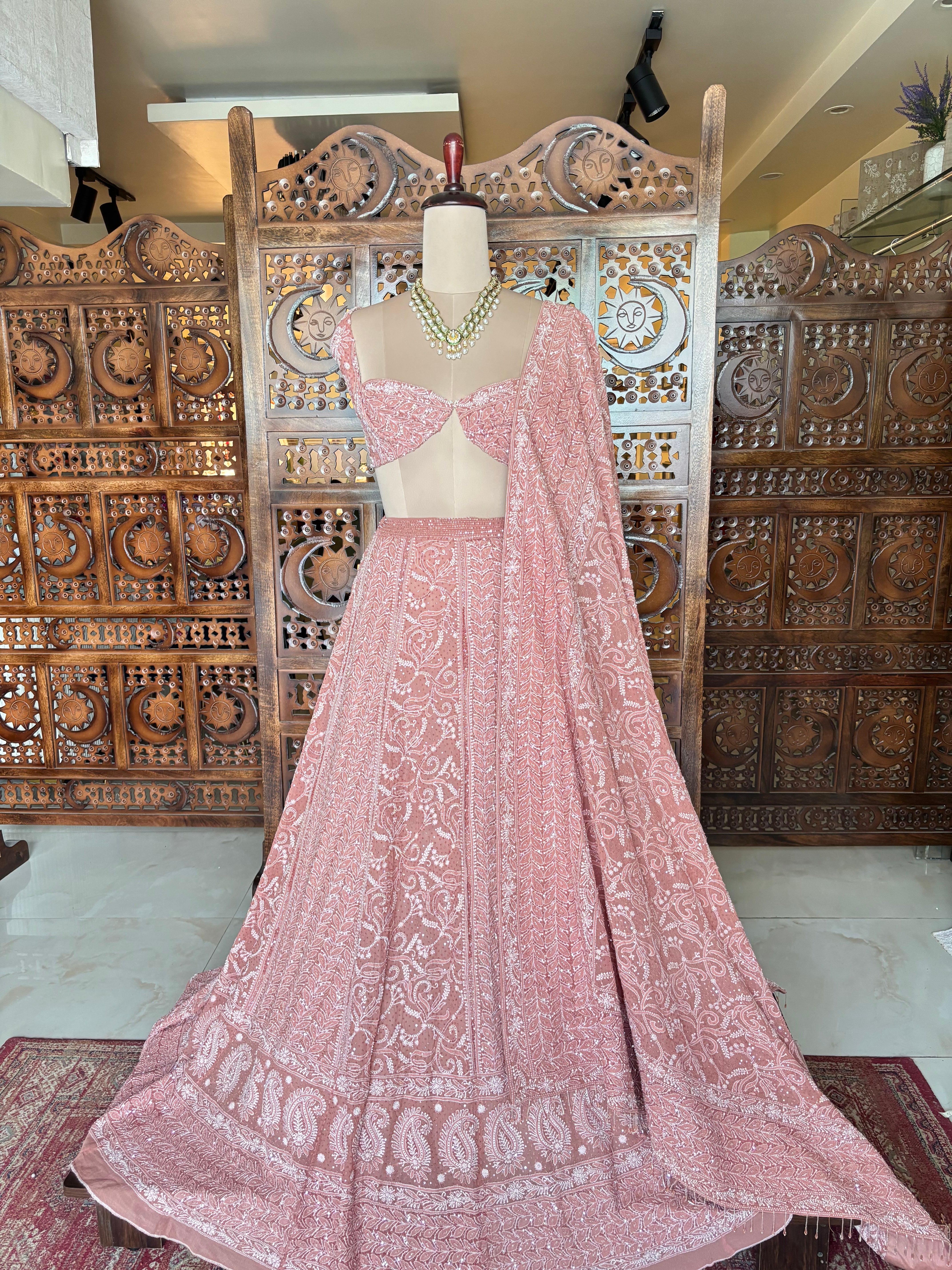 Dusty Rose Pure & Premium Georgette Lehenga & Dupatta Set