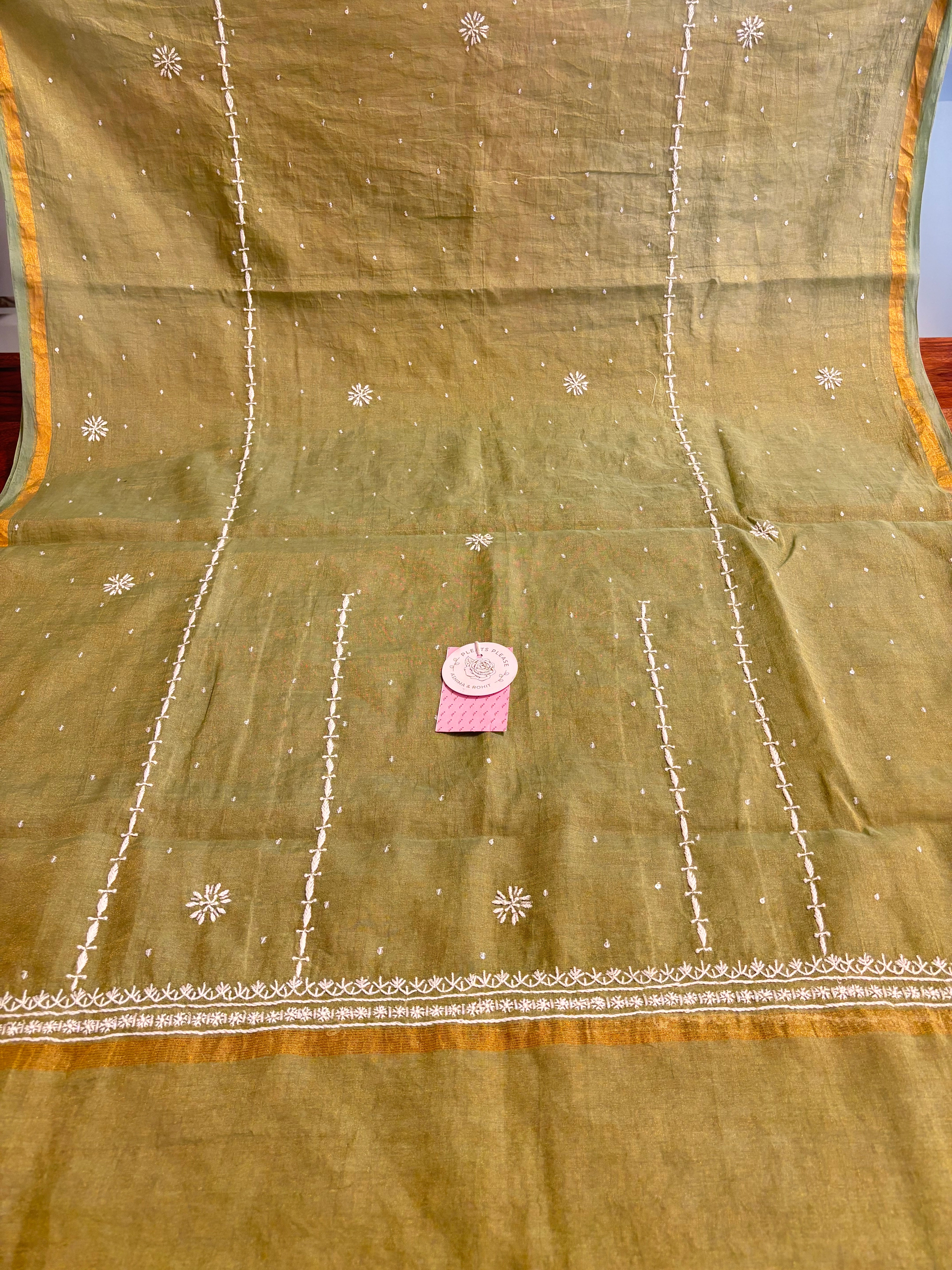 Olive Green Pure Tissue Chanderi Banarasi Silk Chikankari Kurta & Dupatta