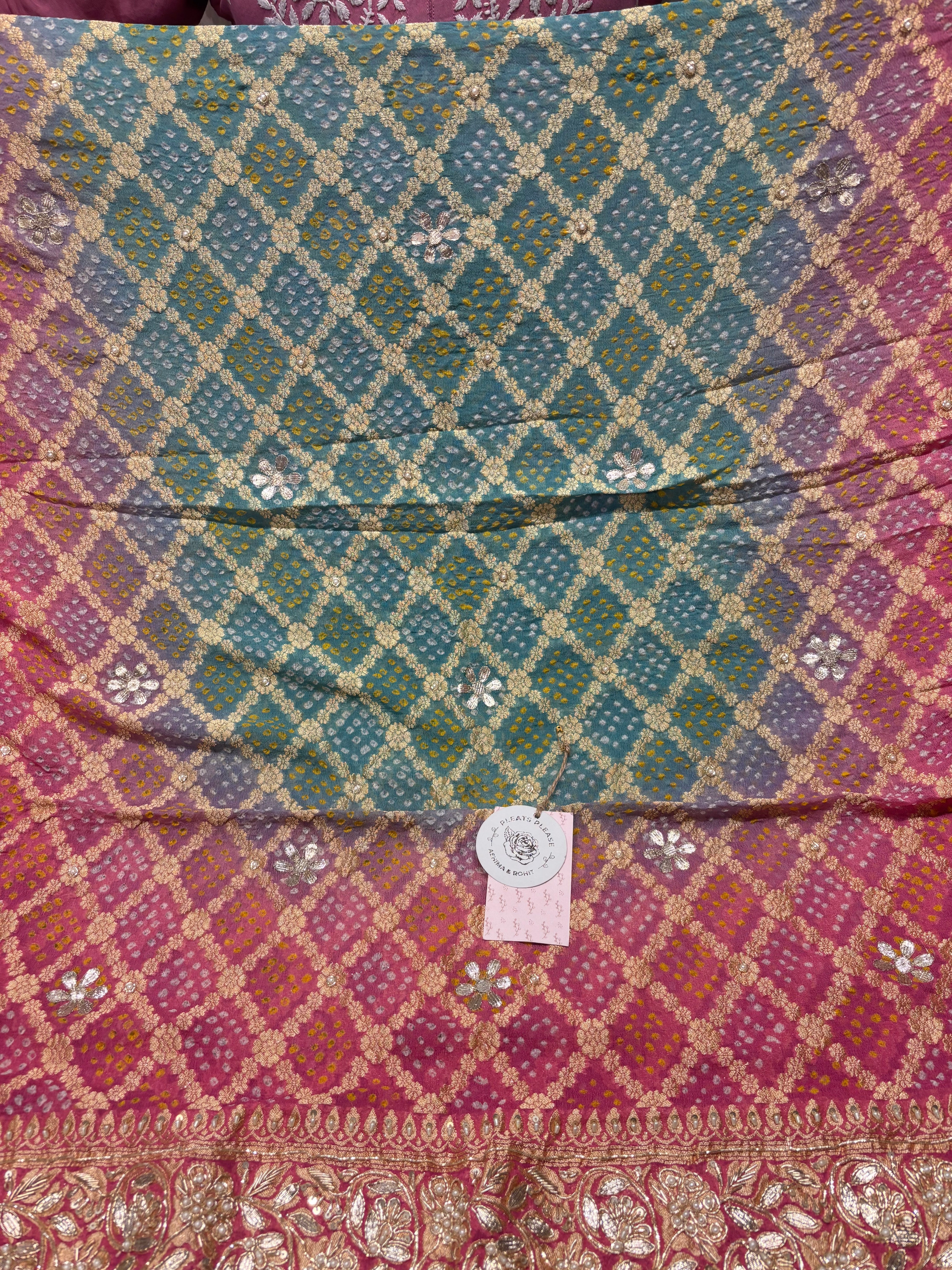 Pink and teal Bandhej Khaddi Georgette Dupatta