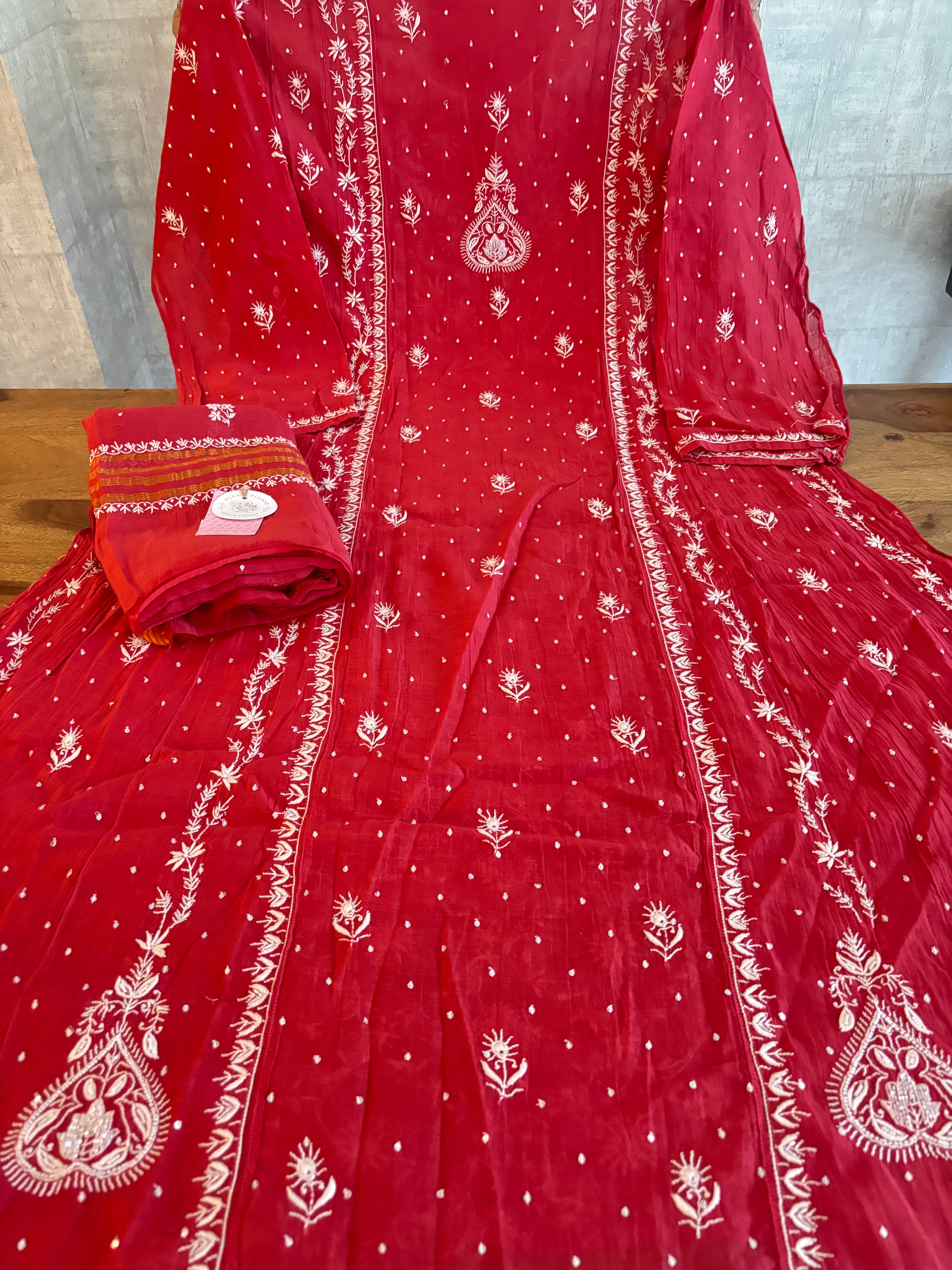 Red Chanderi Chikankari Anarkali & Dupatta