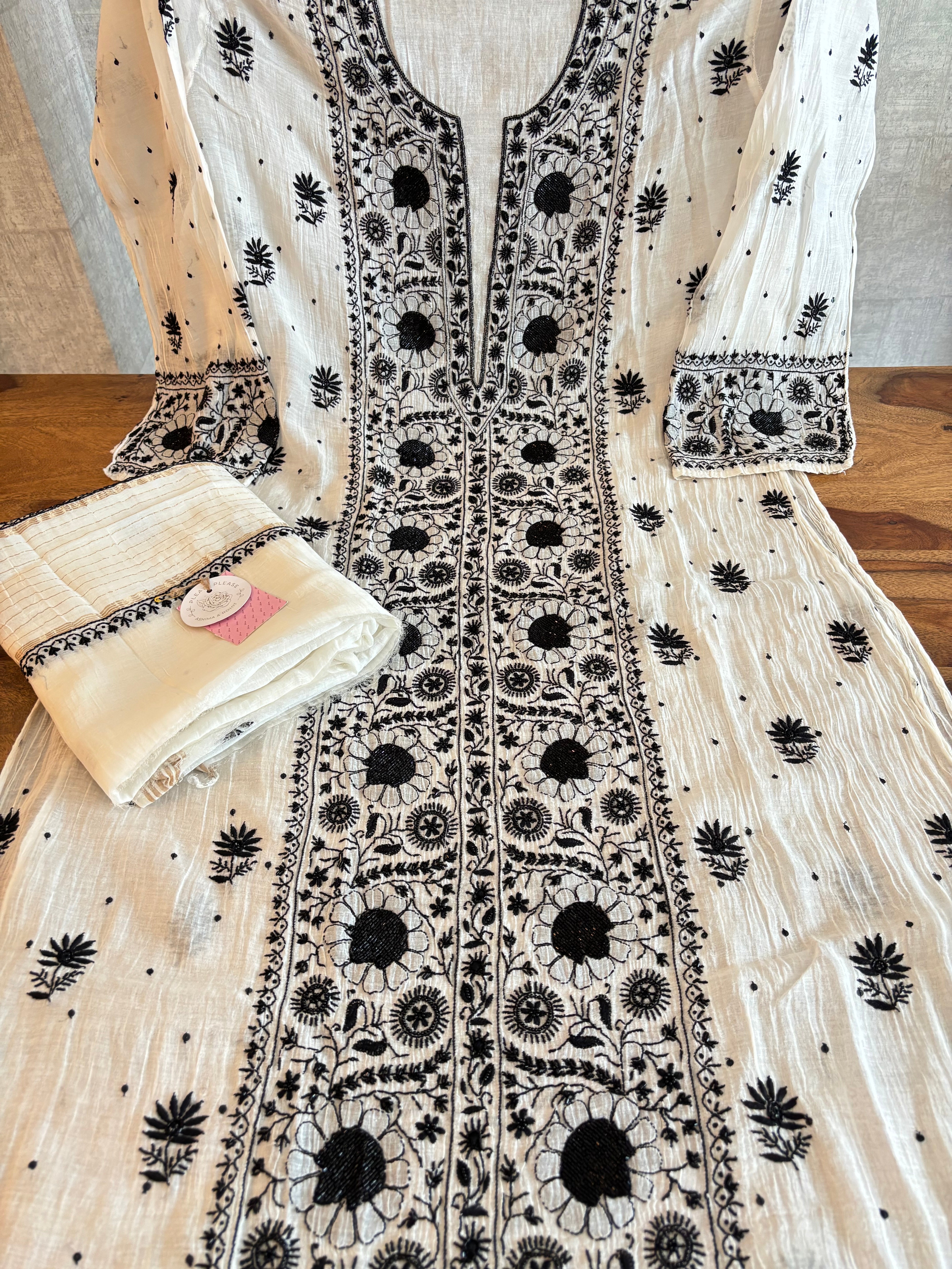 Dyeable Black & White Chanderi Chikankari Kurta & Dupatta