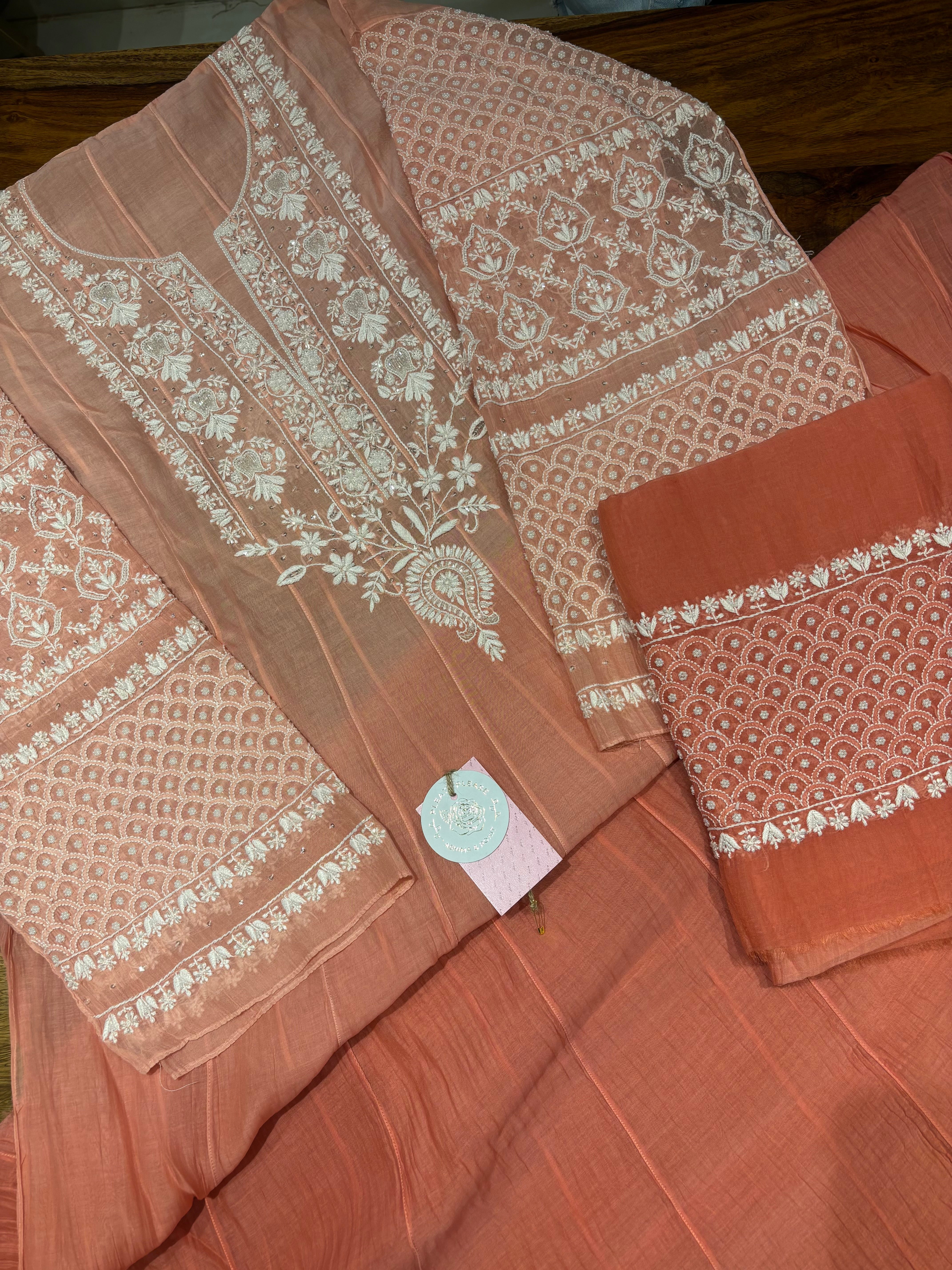 Coral Pink Ombre Chanderi Mul Chikankari Anarkali & Dupatta Set