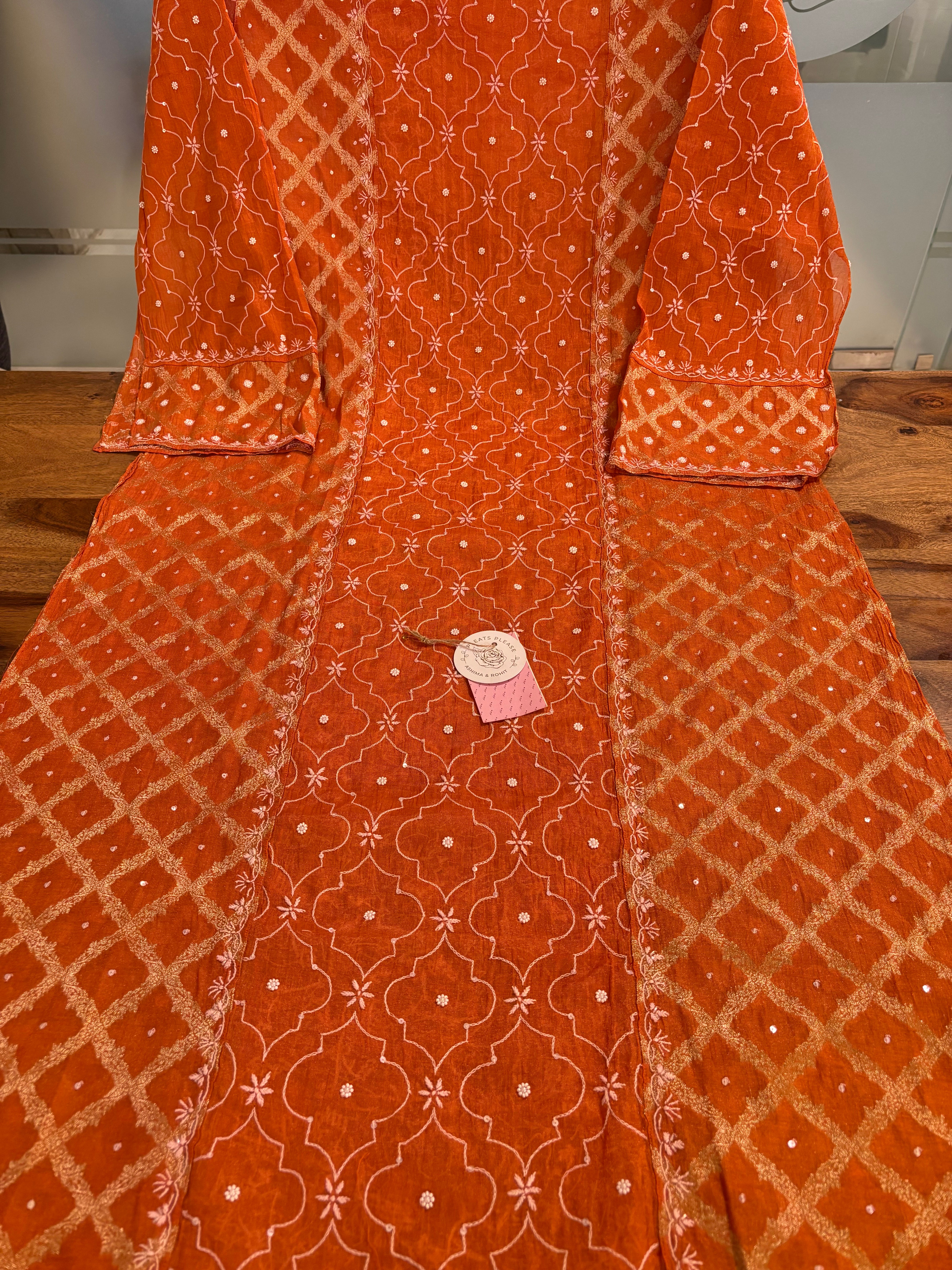 Orange Chanderi Chikankari Kurta Dupatta Set