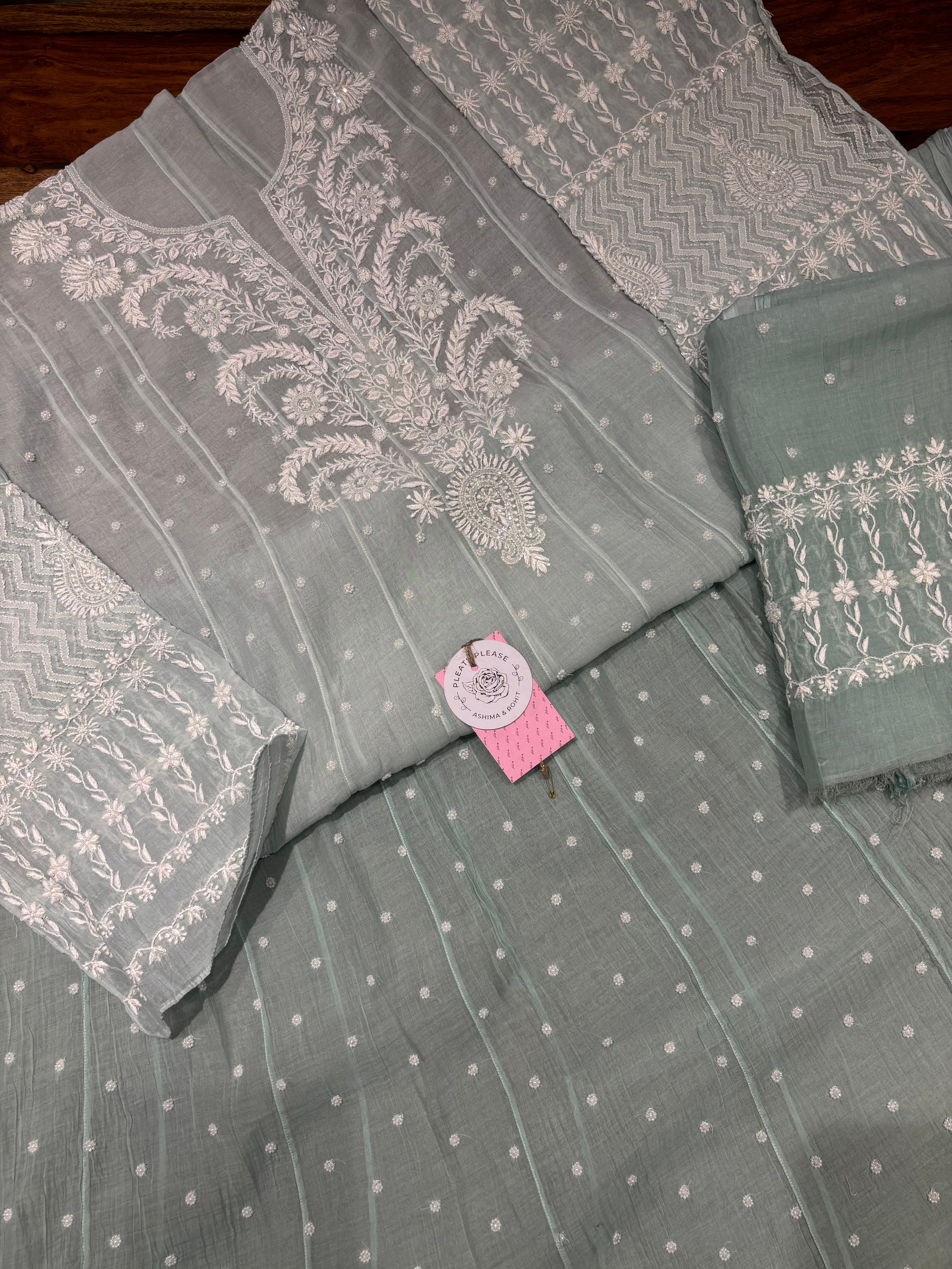 Sea Foam Ombre Chanderi Mul Chikankari Anarkali & Dupatta Set