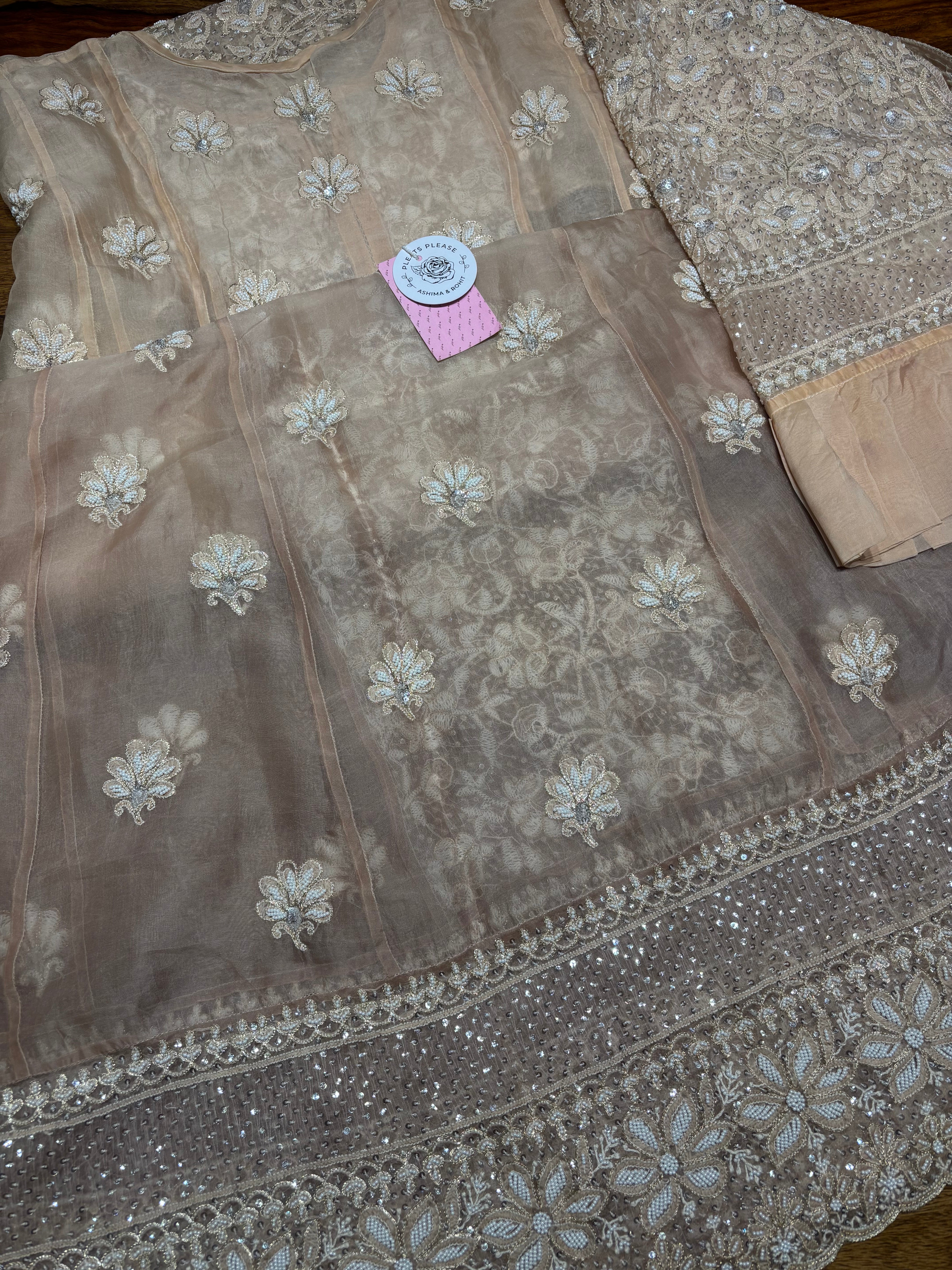 Brown Ombre Pure & Premium Organza Silk Chikankari Anarkali & Dupatta