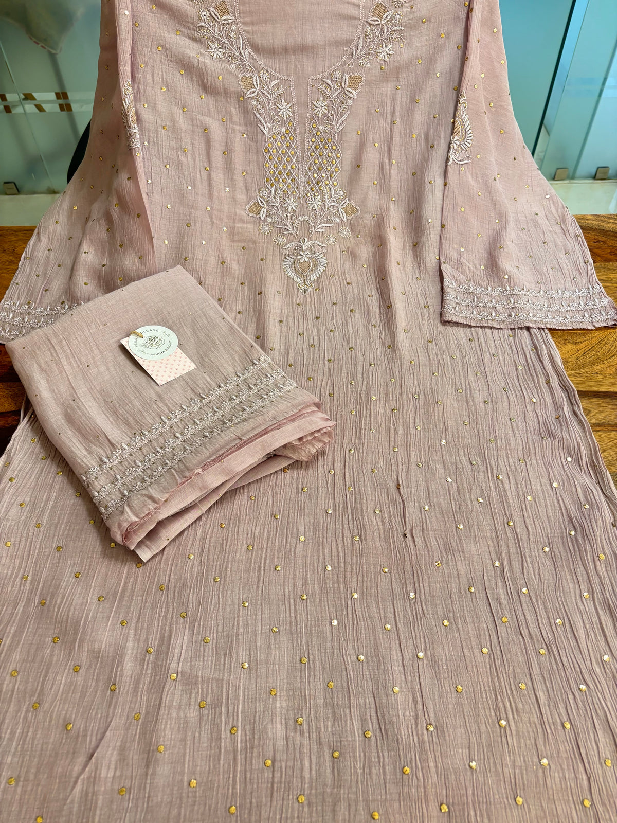 Dusty Mauve Chanderi Mul Chikankari Mukaish Kurta & Dupatta