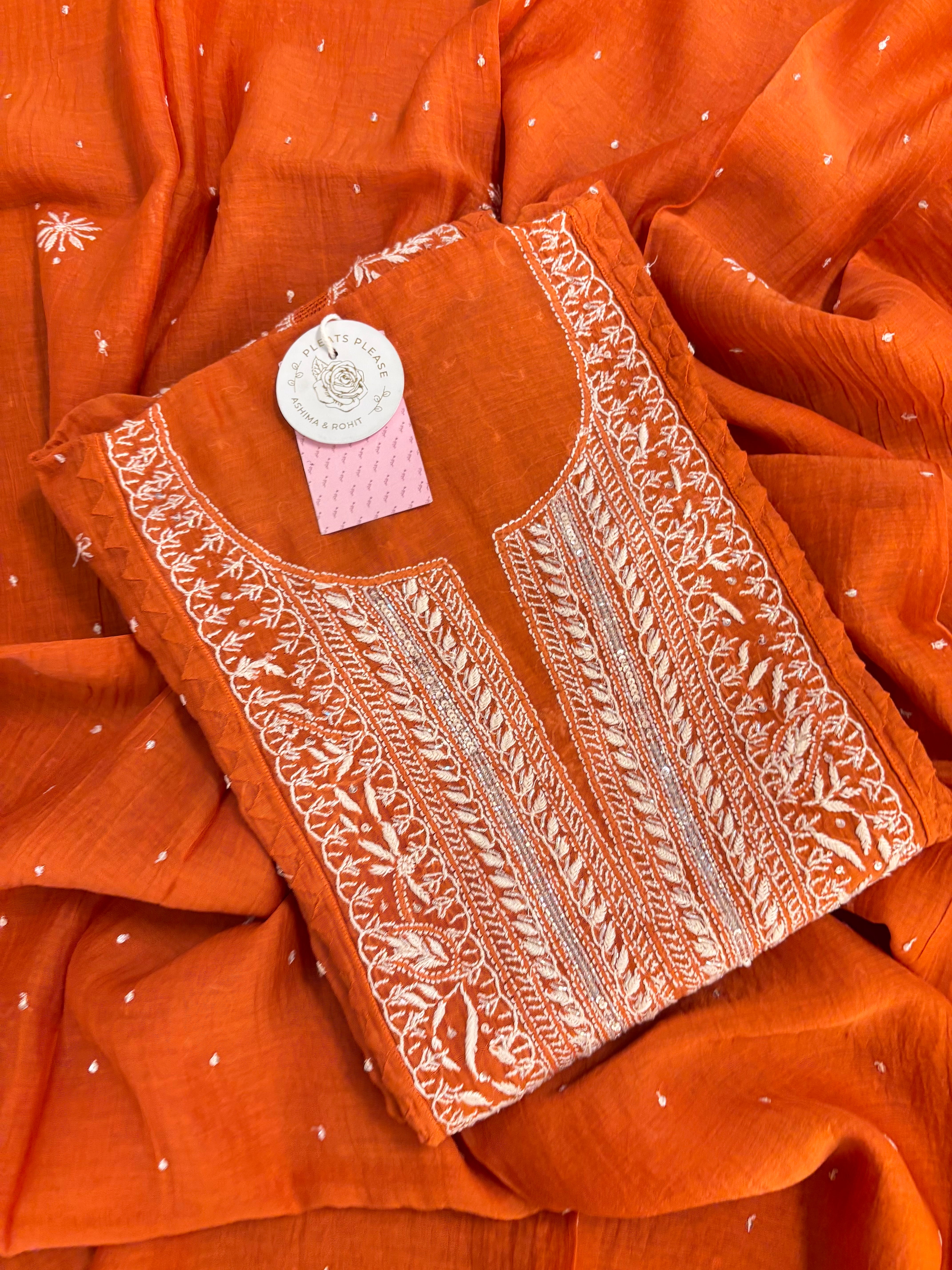 Burnt Orange Chanderi Mul Chikankari Kurta & Dupatta