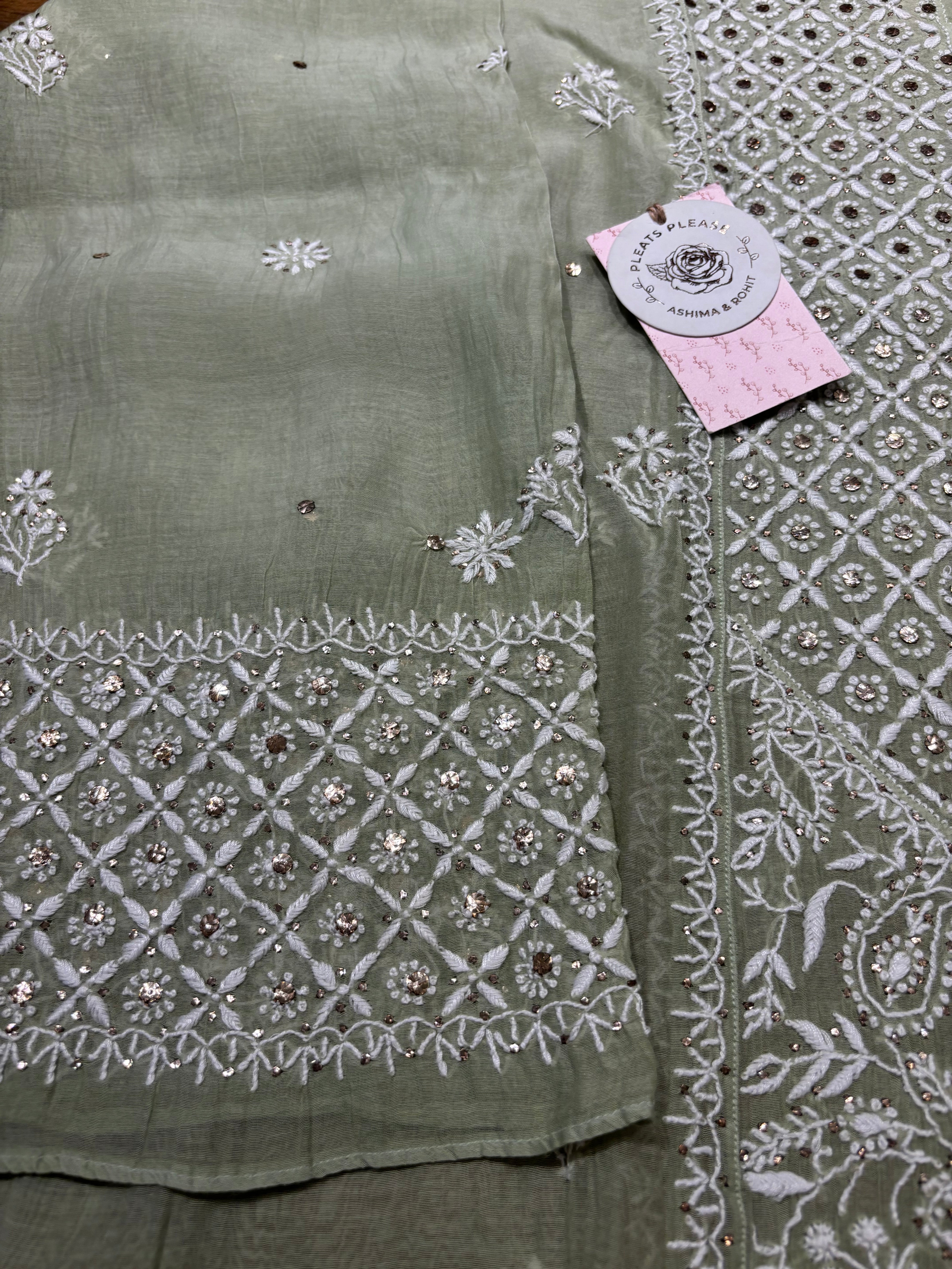 Sage Green Chanderi Mul Chikankari Kurta and Dupatta set