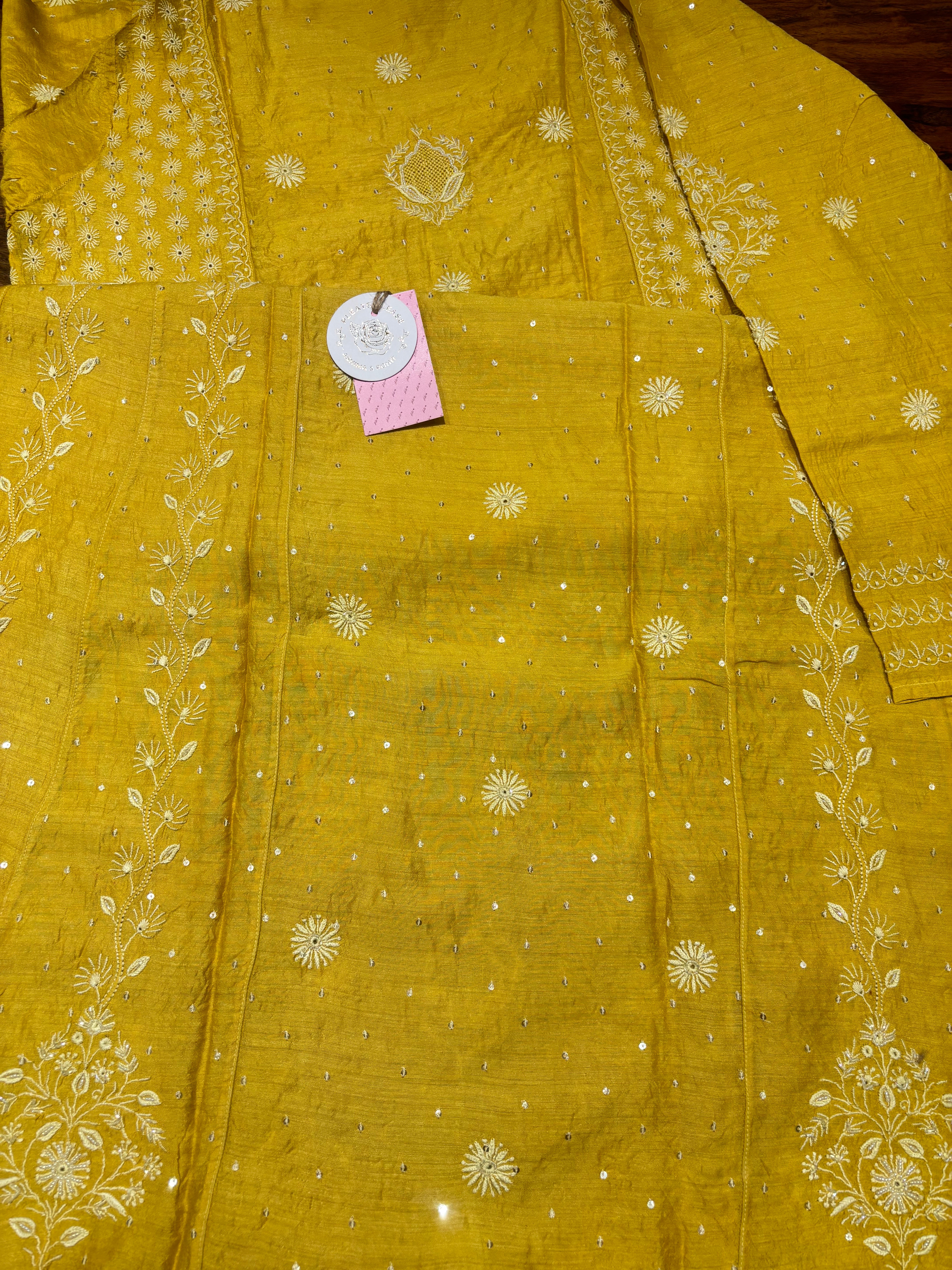 Mustard Pure & Premium Monga Silk Chikankari Anarkali & Dupatta Set