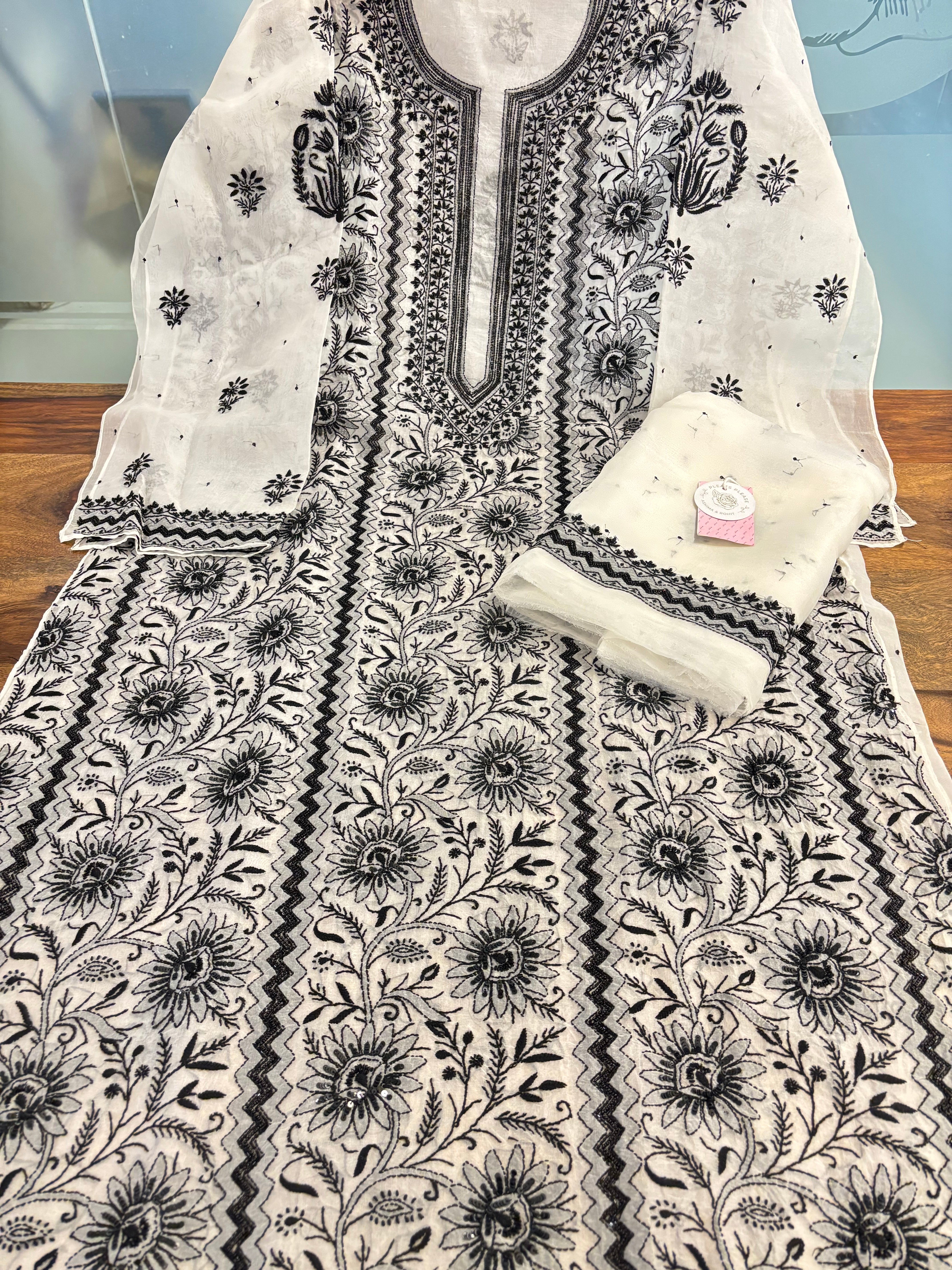 Dyeable Organza Chikankari Kurta & Dupatta - Pleats PleaseChikankari