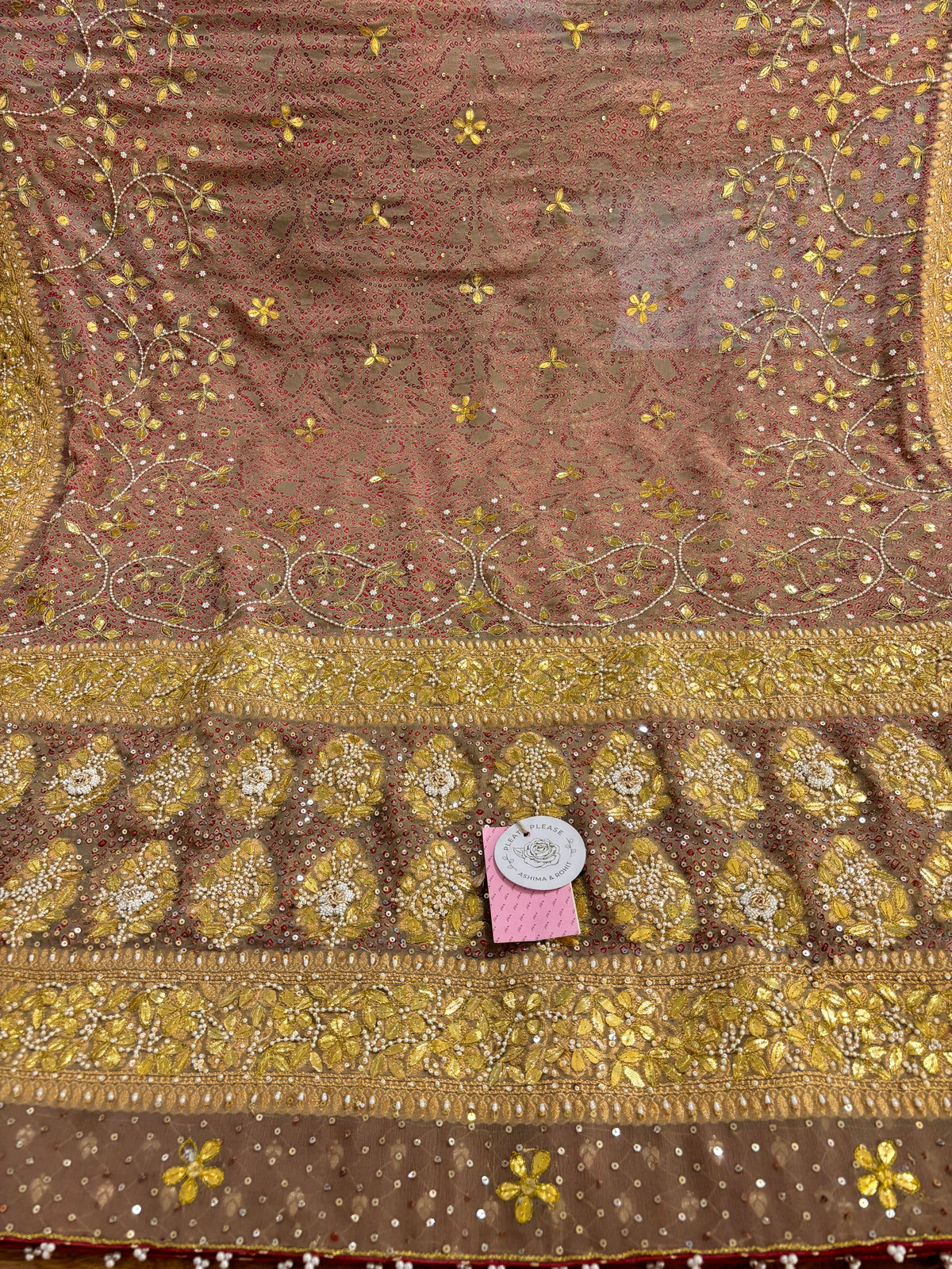 Warm Taupe-Brown Pure Georgette Bandhej Gota Patti Zardozi Dupatta