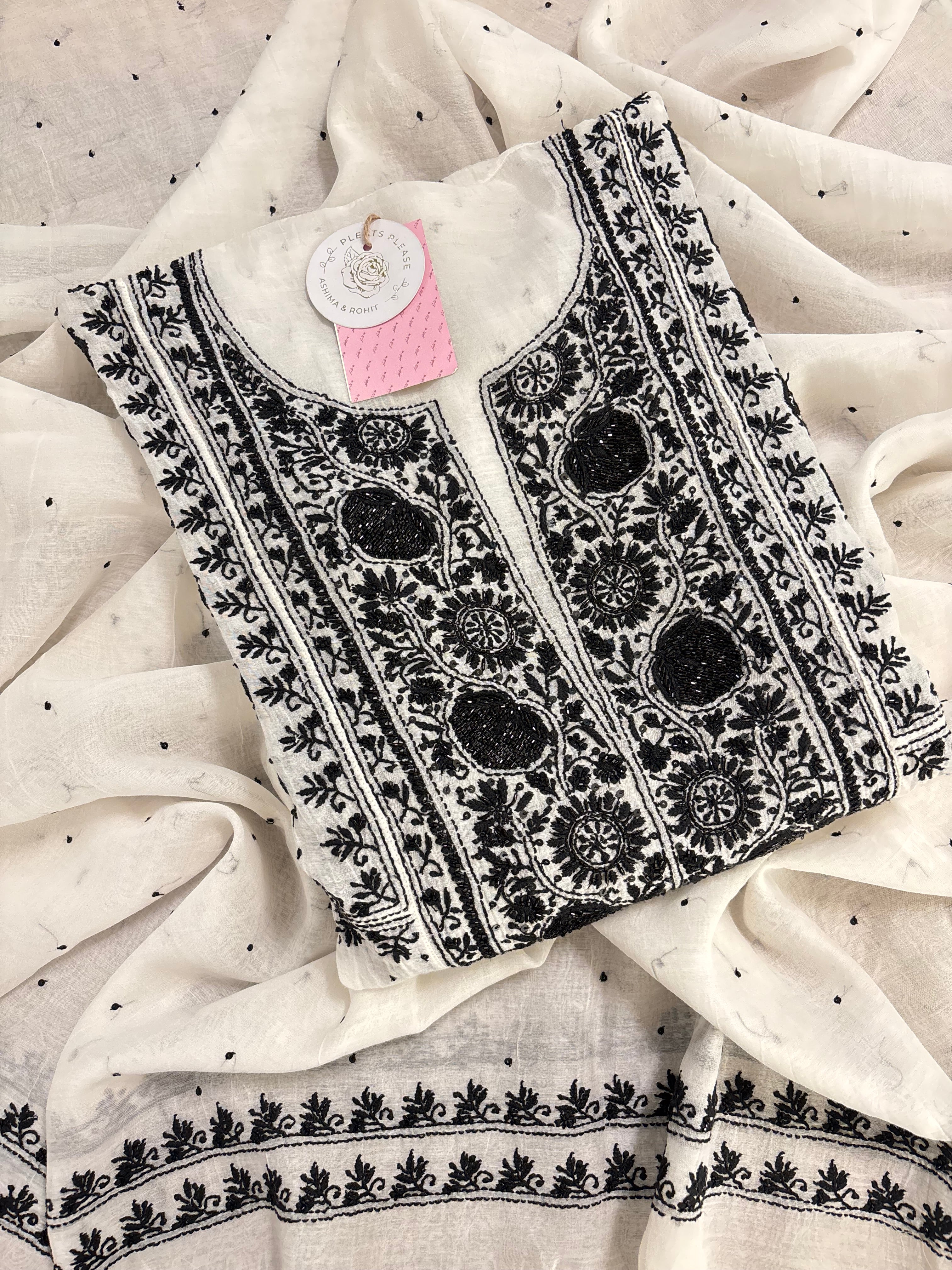 Dyeable Chanderi Black & White A-Line Kurta & Dupatta Set