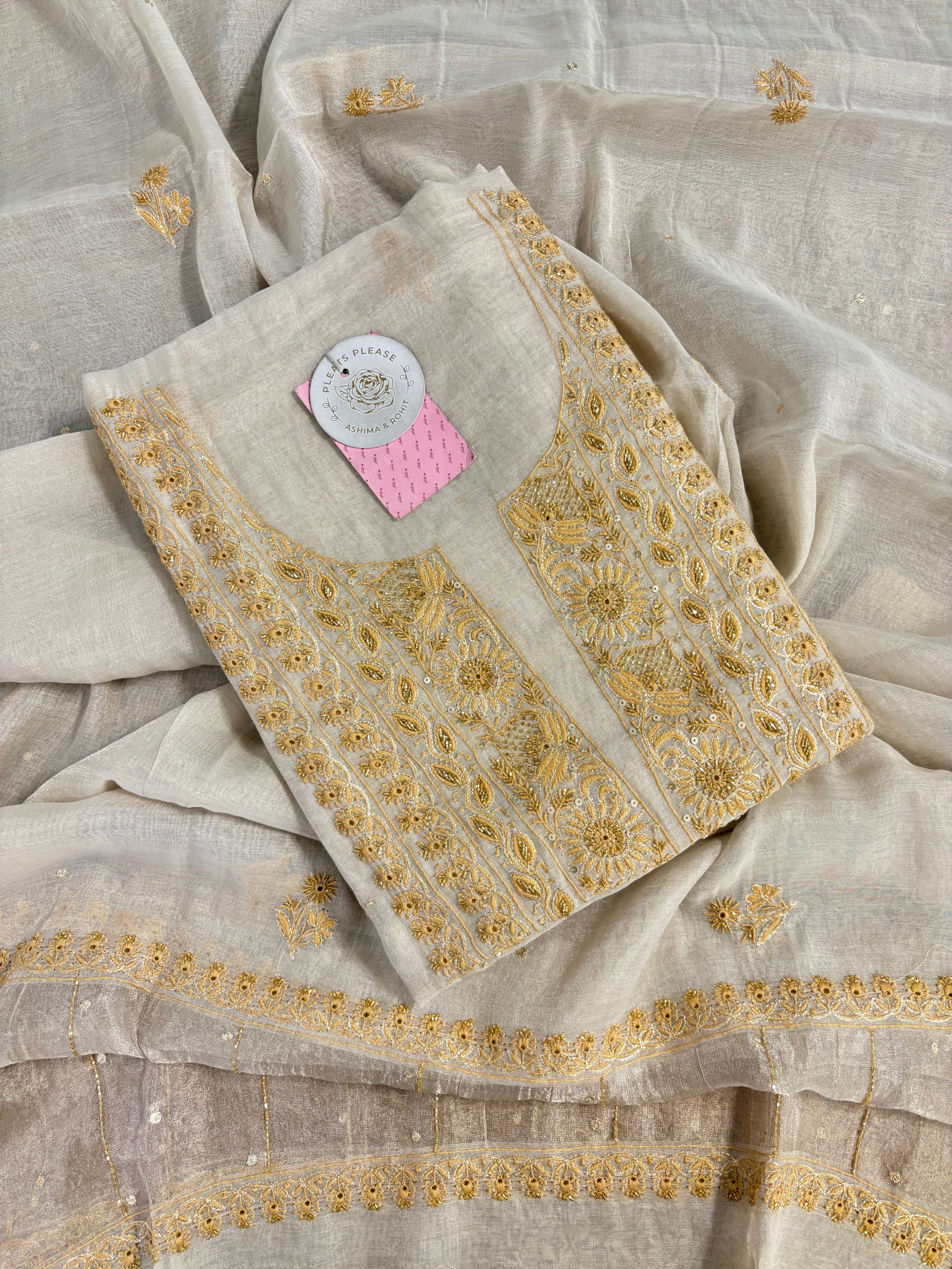 Dyeable Pure & Premium Silver Tissue Chikankari Kurta & Dupatta - Pleats PleaseChikankari