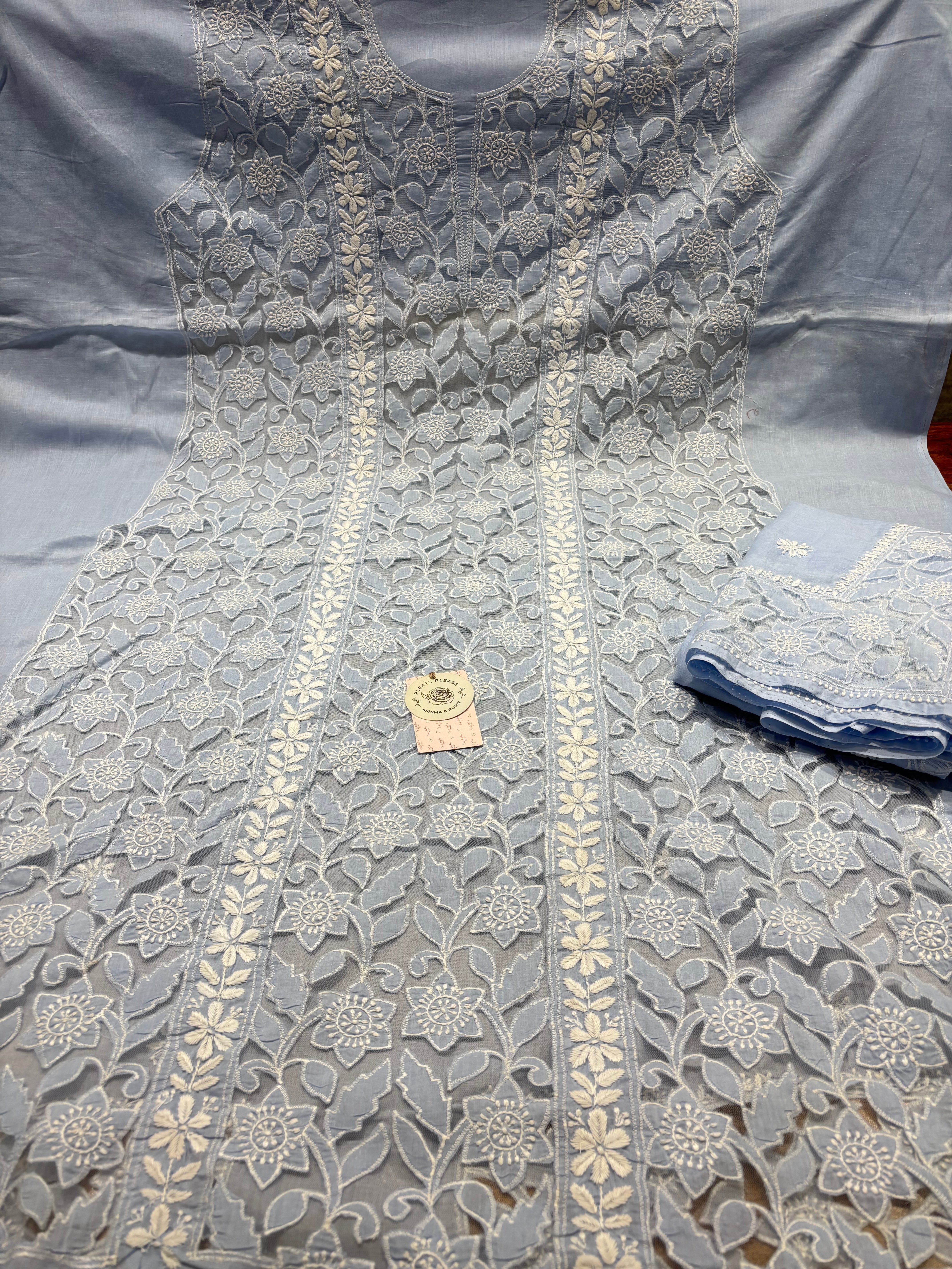 Powder Blue Mulmul Soft Net Chikankari Applique Kurta And Dupatta Fabric
