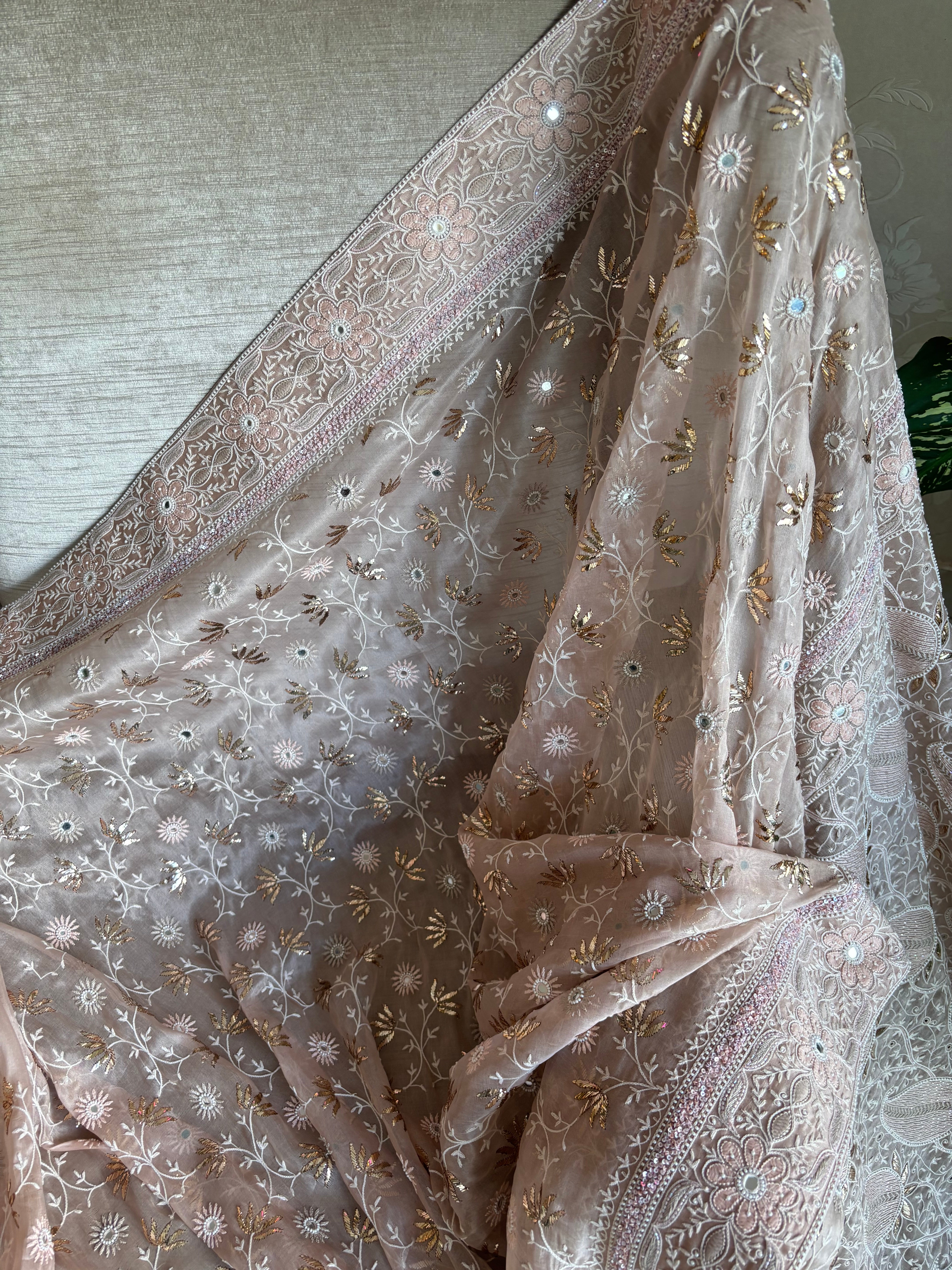 Dusty Peach Pure And Premium Organza Chikankari and Mukaish Saree