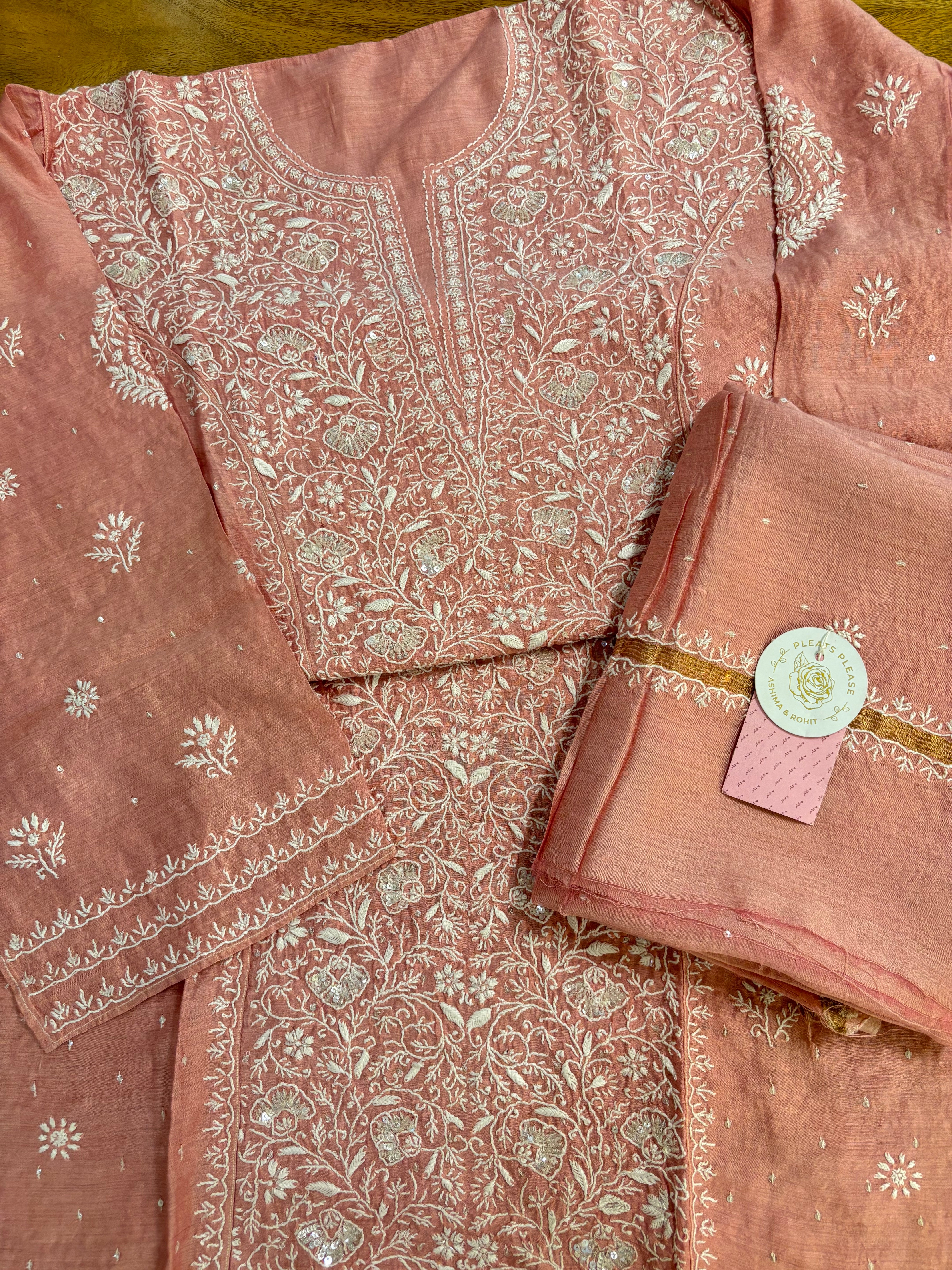 Baby Pink Monga Silk Chikankari Kurta & Dupatta