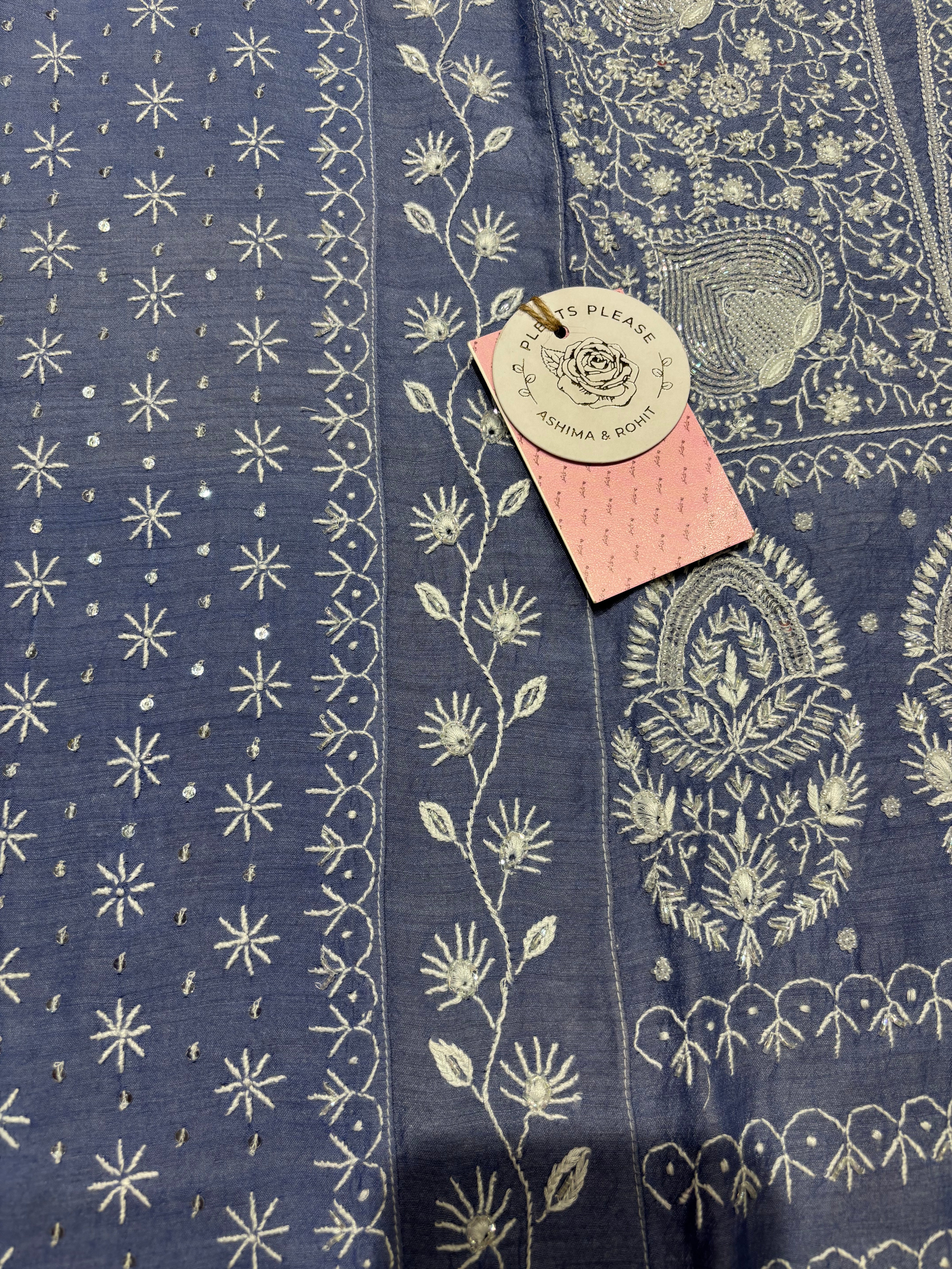 Blue pure Monga Silk Chikankari Kurta and Dupatta Set