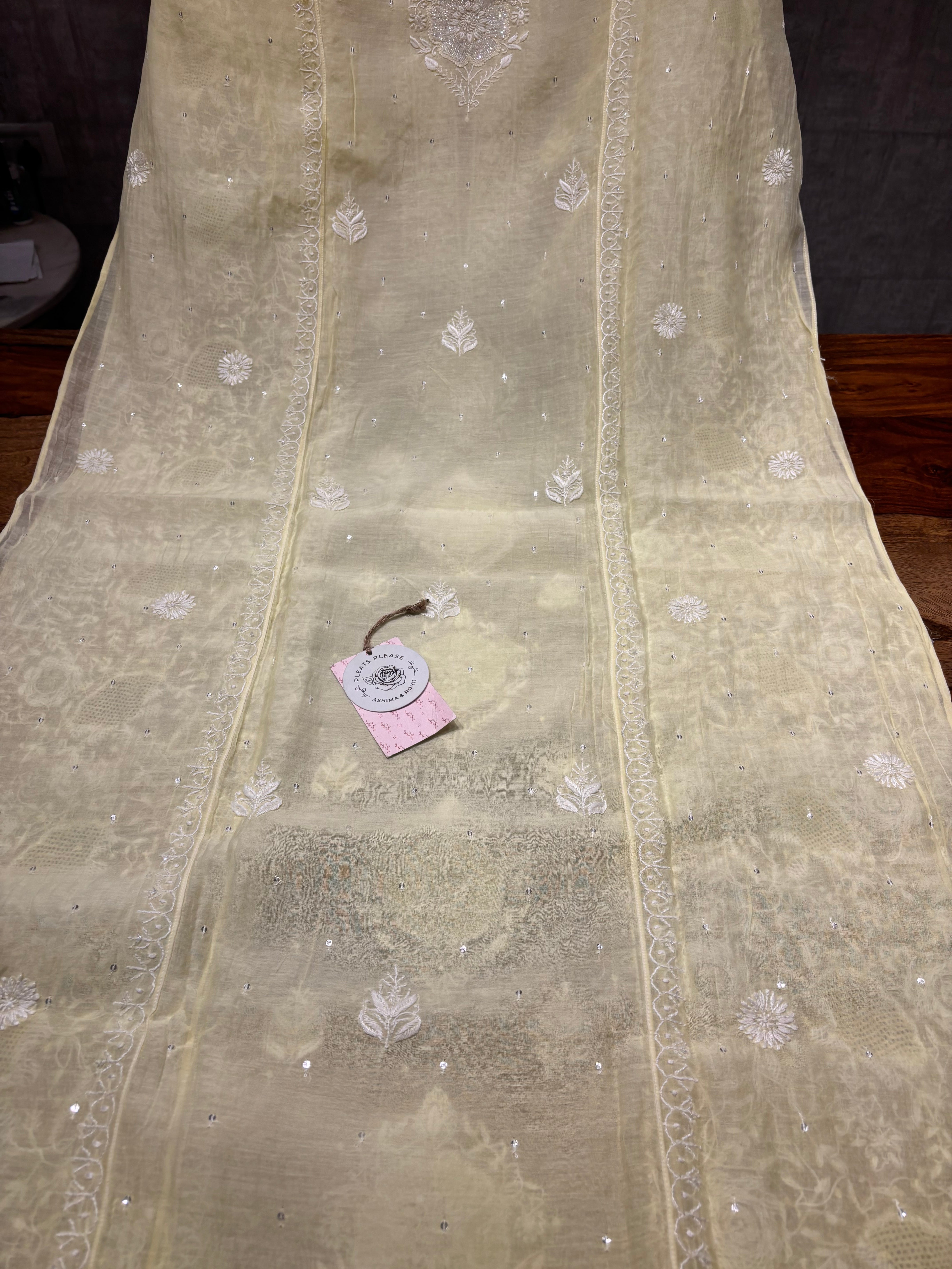 Lime Yellow Chanderi Mul Chikankari Kurta and Dupatta set