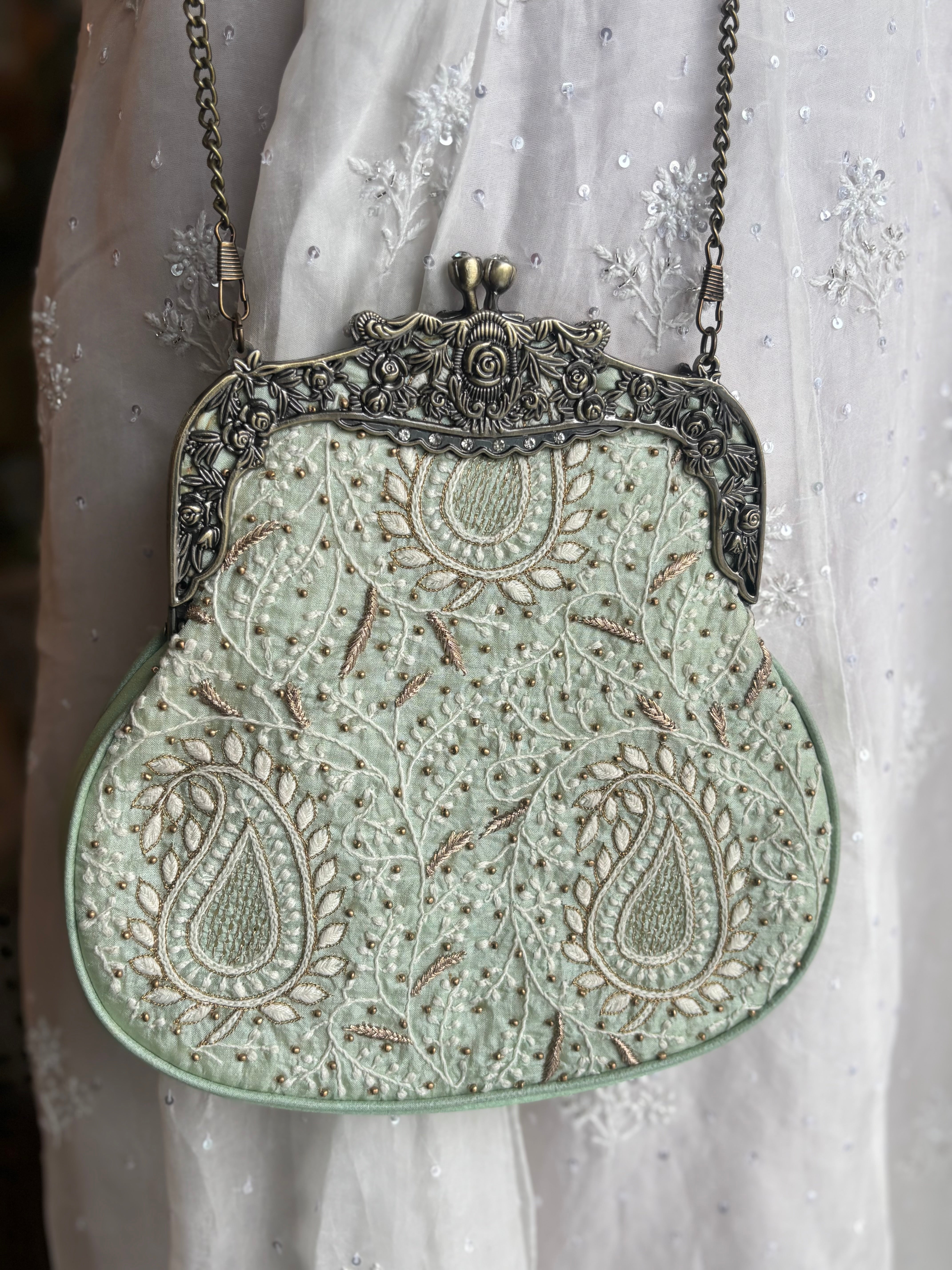 Mint Green Silk Chikankari Clutch