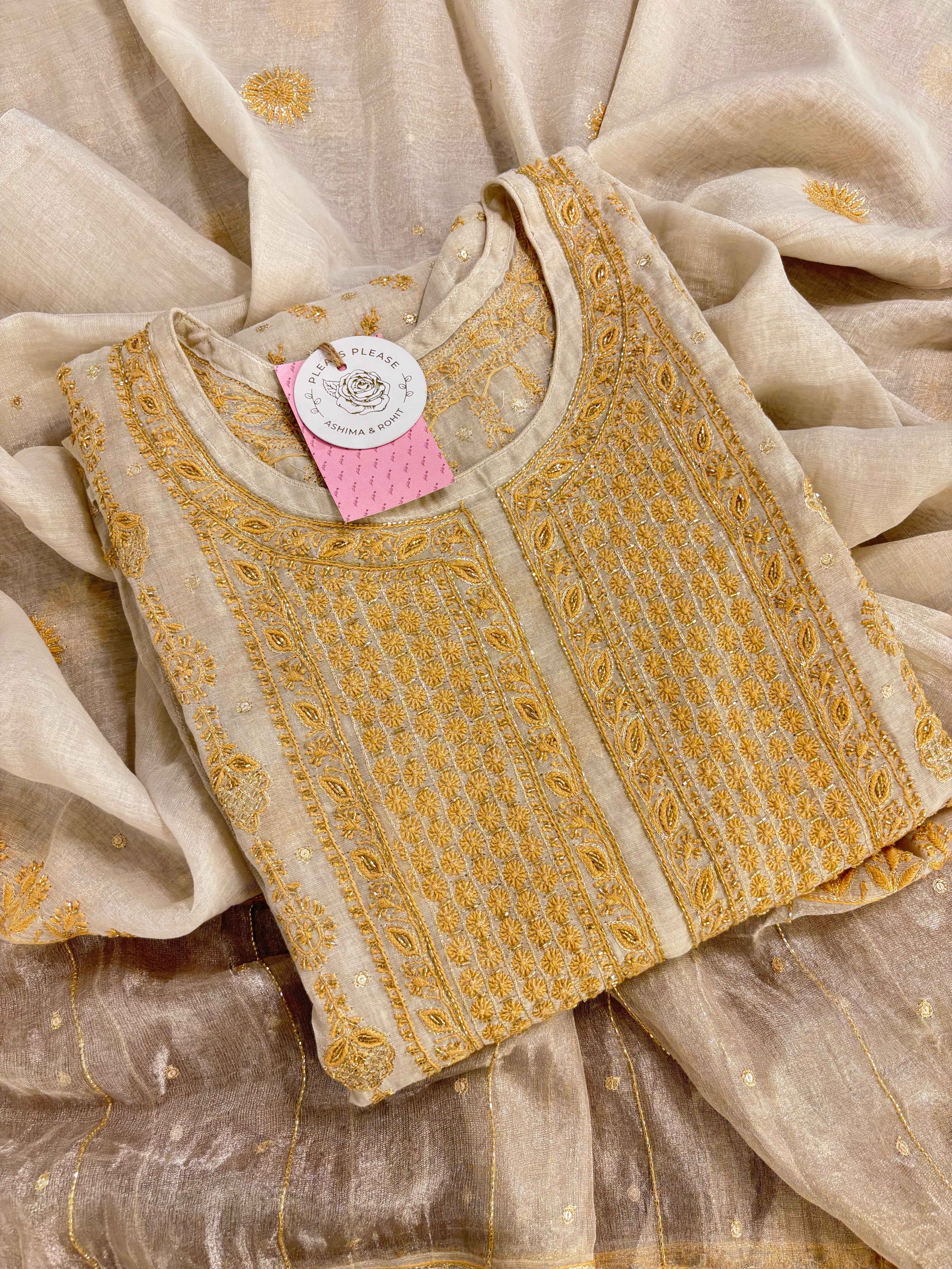 Dyeable Ivory Silver Pure & Premium Tissue Chikankari Kurta & Dupatta