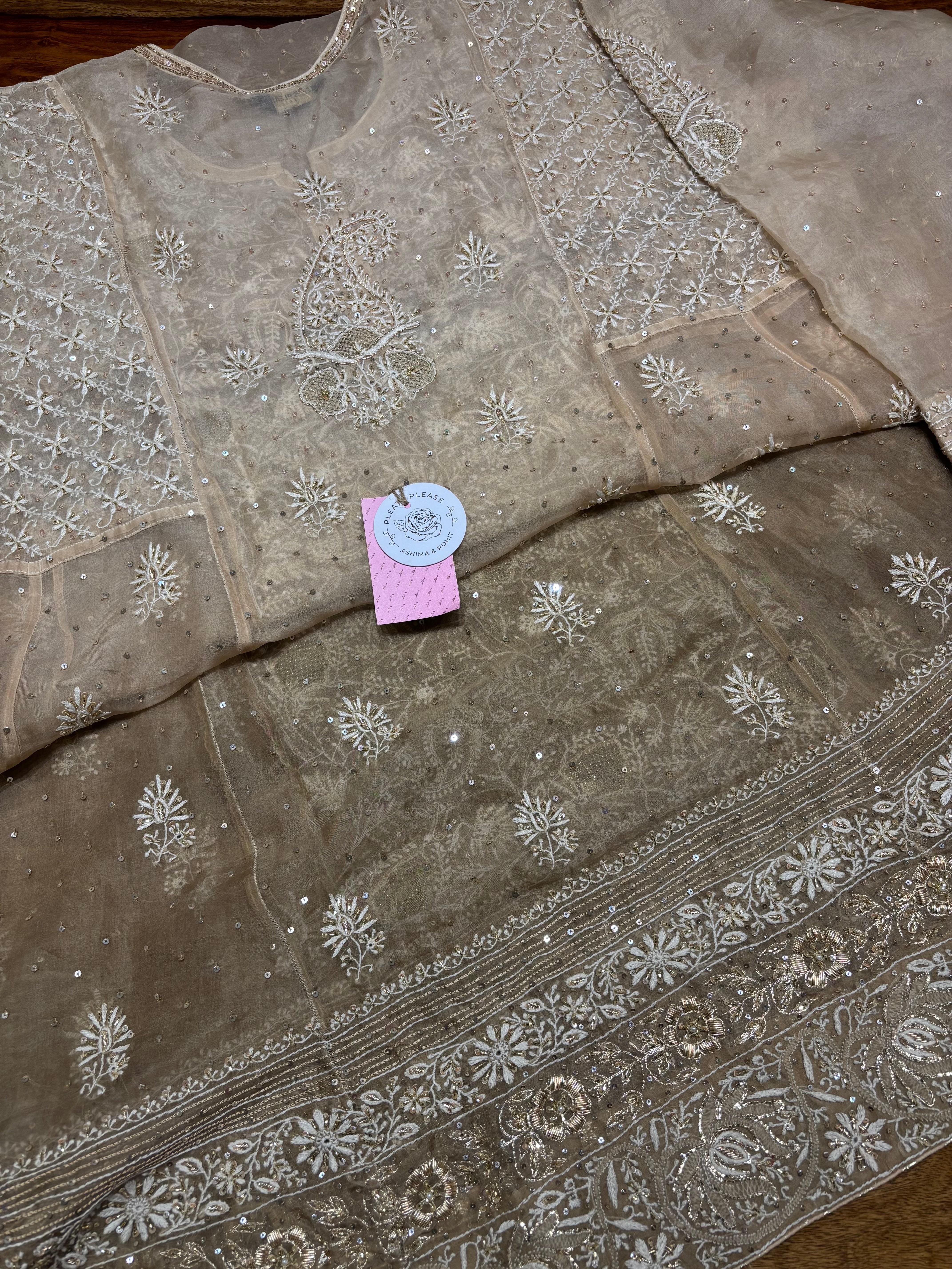 Brown Pure & Premium Organza Chikankari Anarkali & Dupatta Set