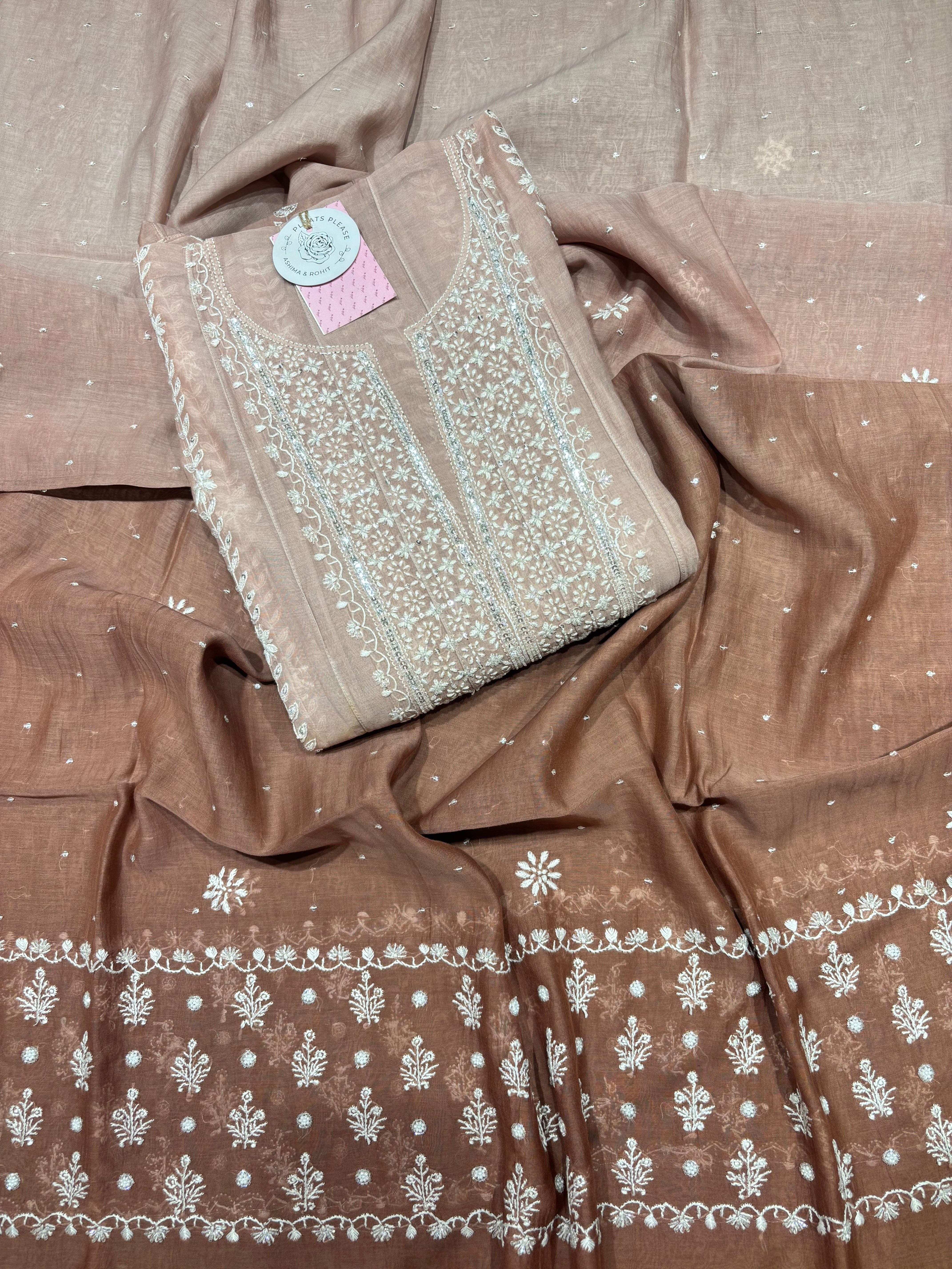 Rosewood Ombre Chanderi Mul Chikankari Anarkali & Dupatta Set