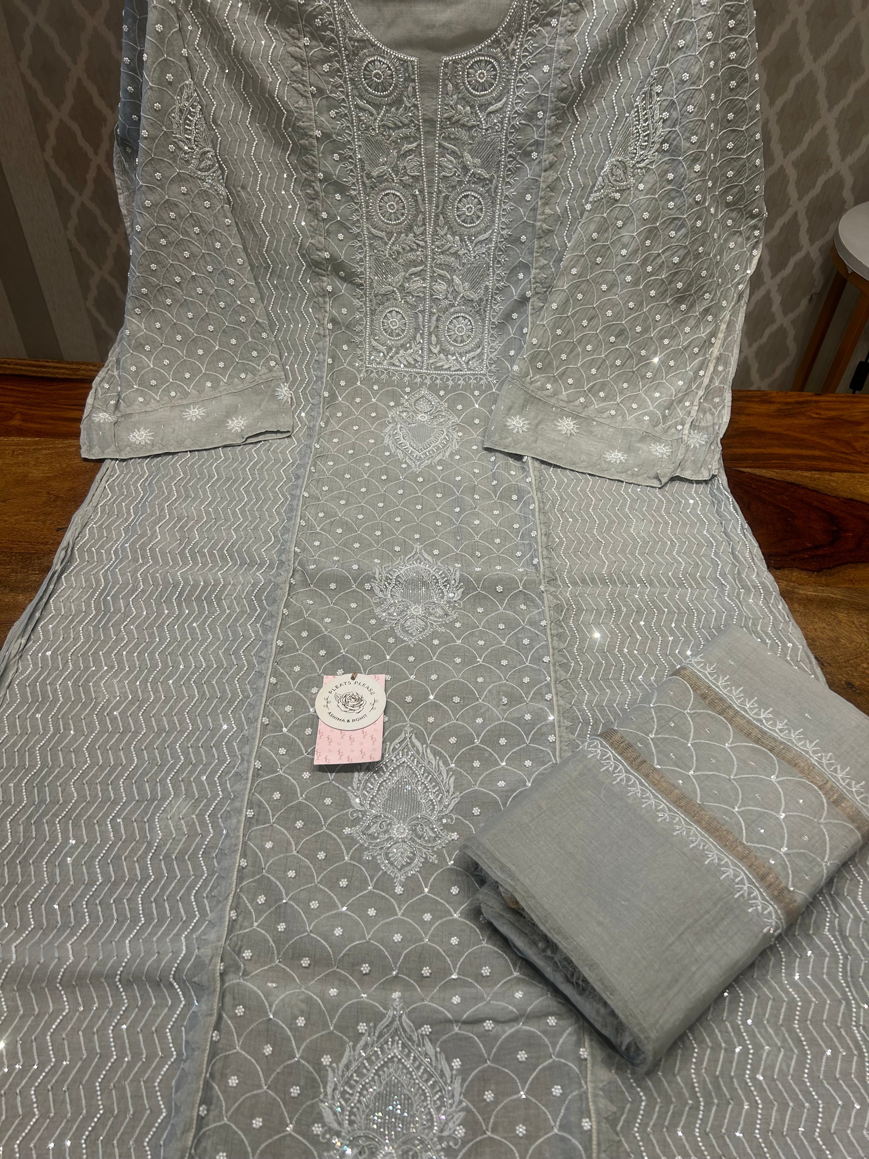 Mossy Green Chanderi Mul Chikankari Kurta and Dupatta