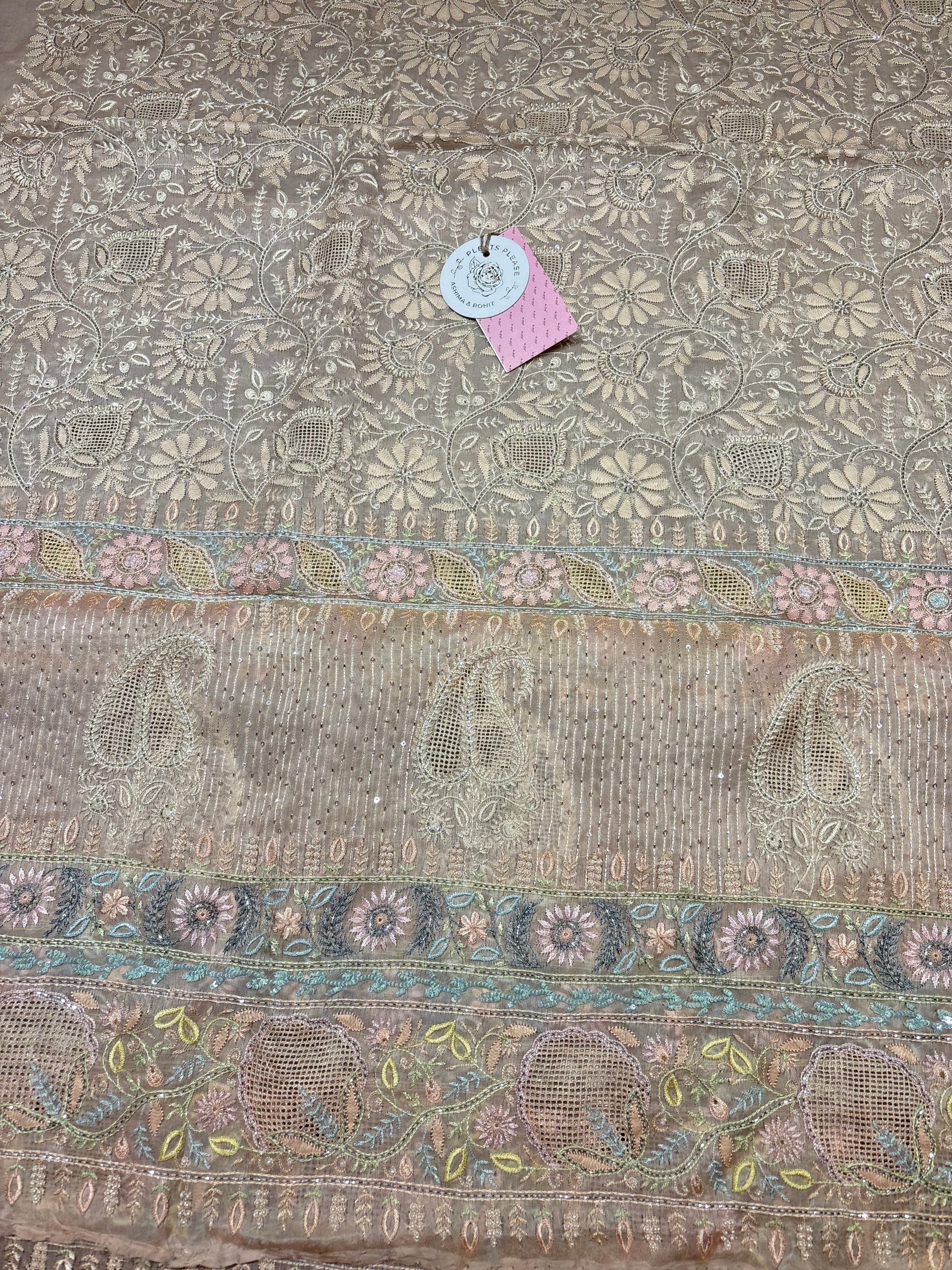 Peach Pure & Premium Organza Silk Chikankari Kurta & Dupatta Fabric