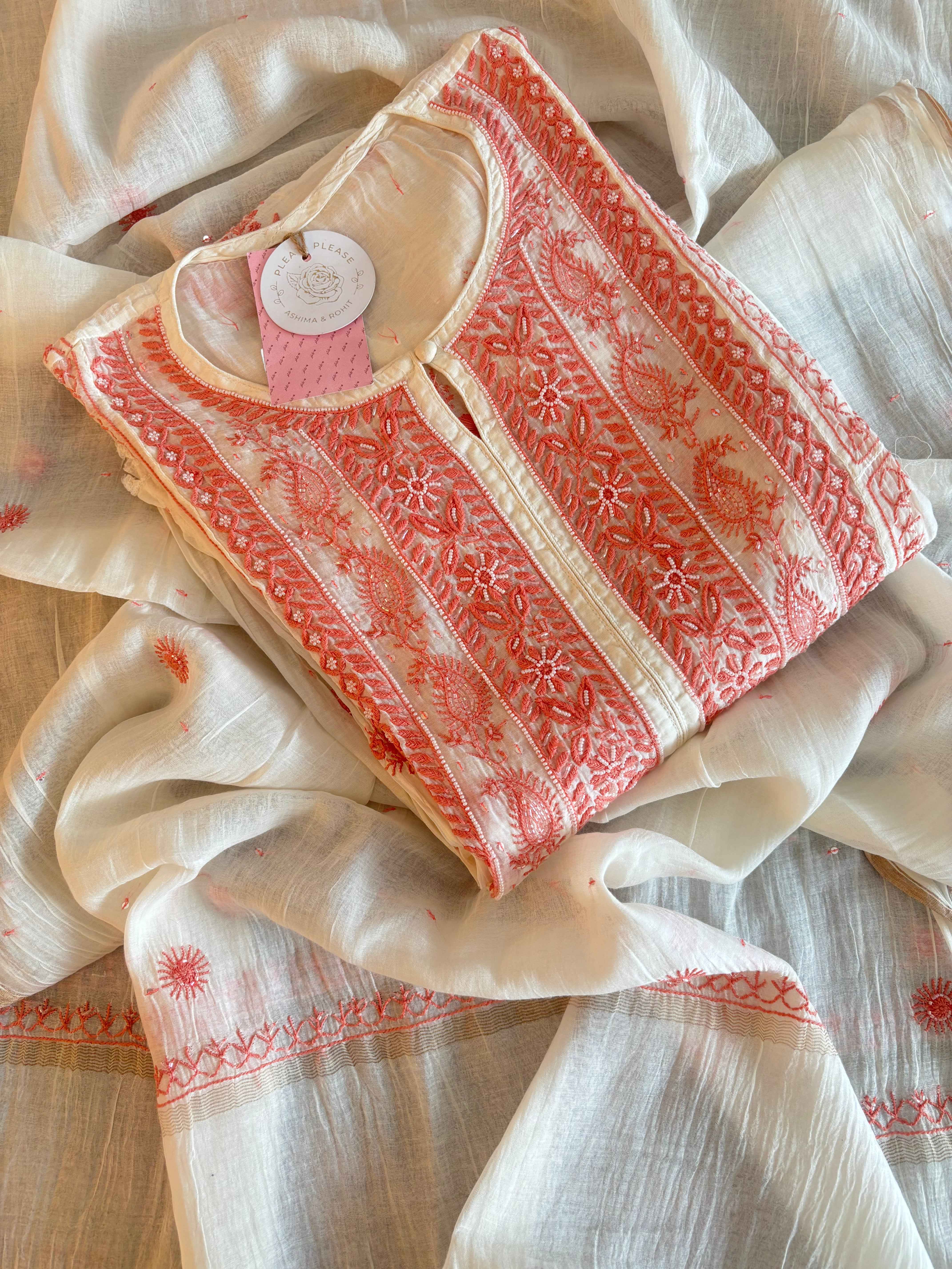 Dyeable Front Tucks Chikankari Kurta & Dupatta