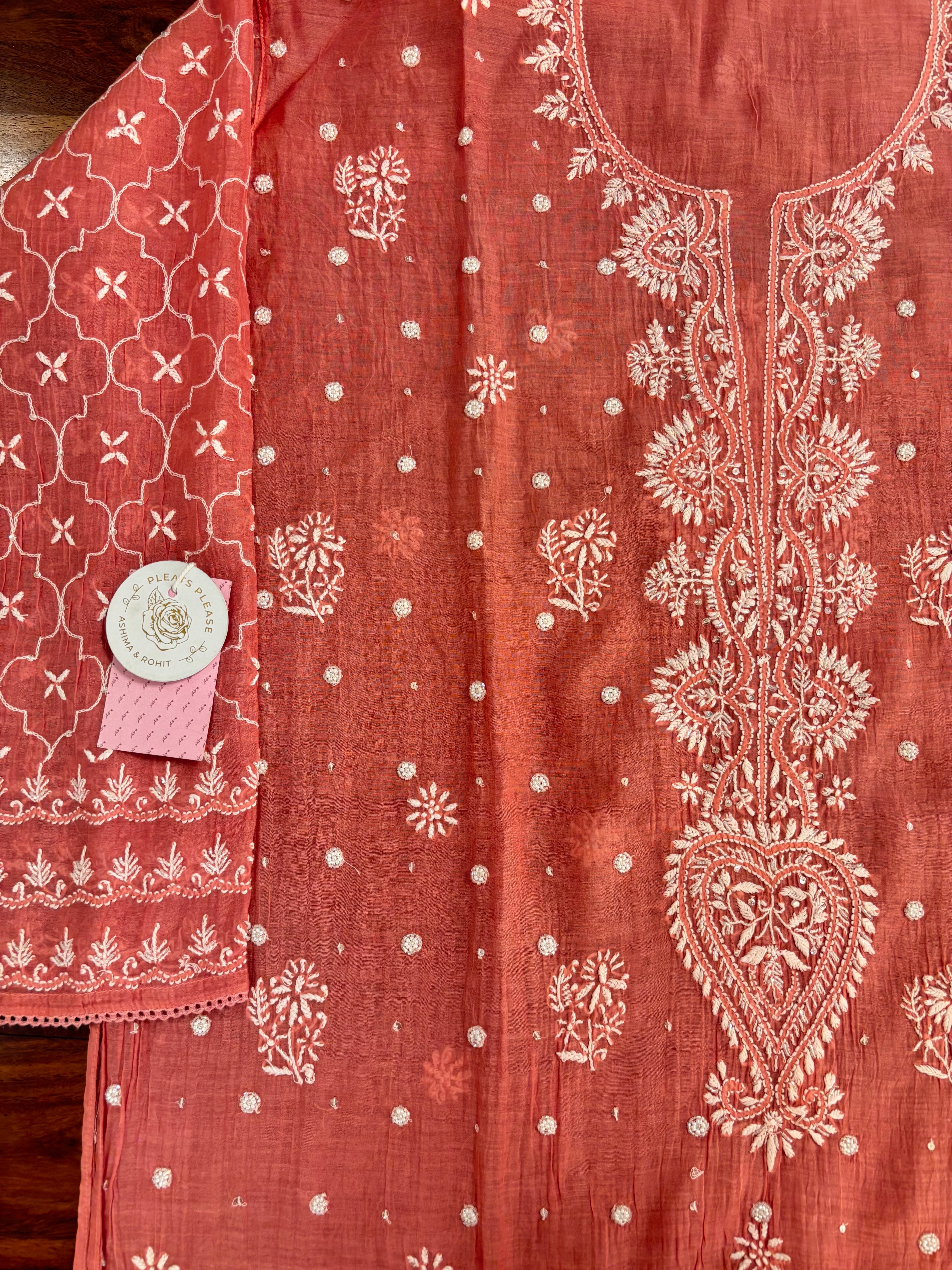 Peach Chanderi Mul Chikankari Kurta & Dupatta